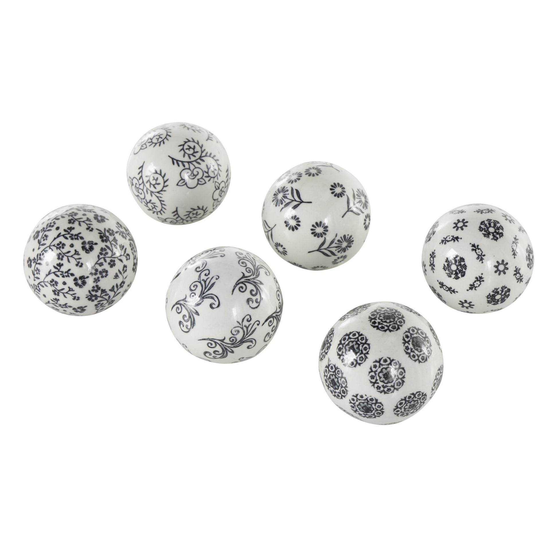 Set of 6 Floral Ceramic Glossy Decorative Orbs & Vase Filler with Varying Floral and Scroll Patterns Set of 6 3"W, 3"H