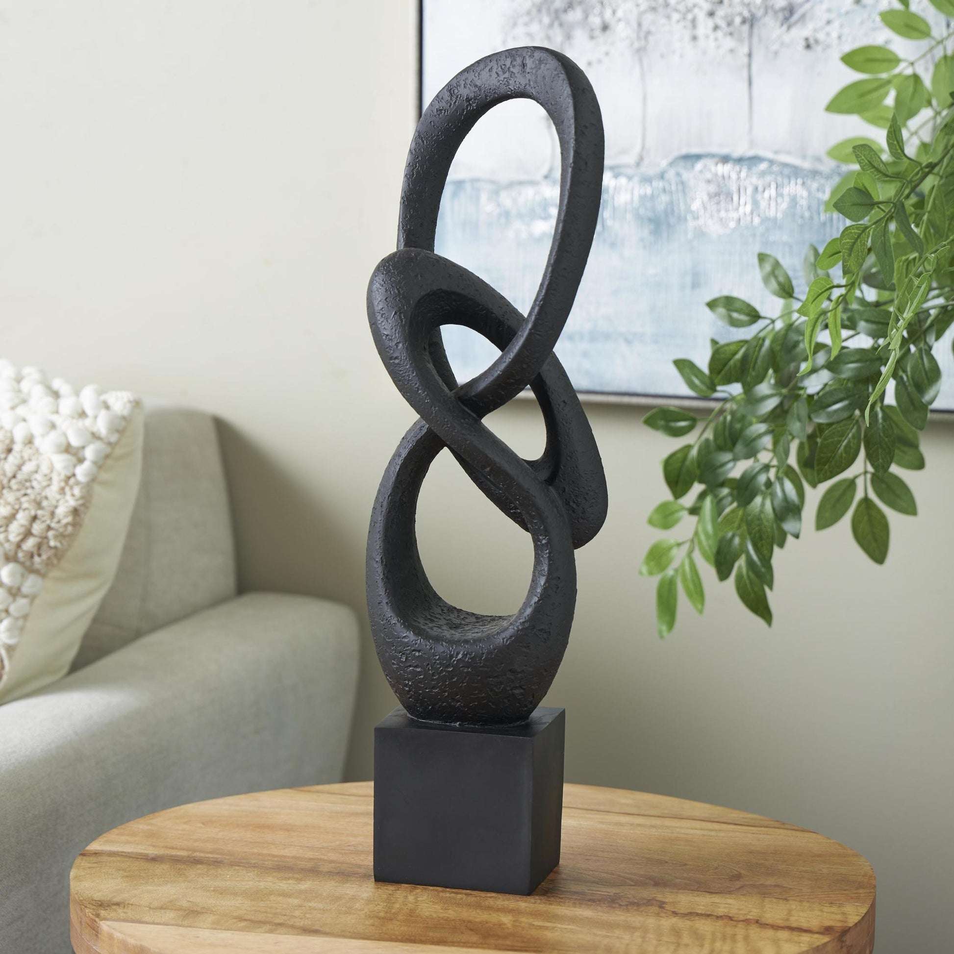 Abstract Black Polystone Intertwined Loop Decorative Sculpture with Block Base