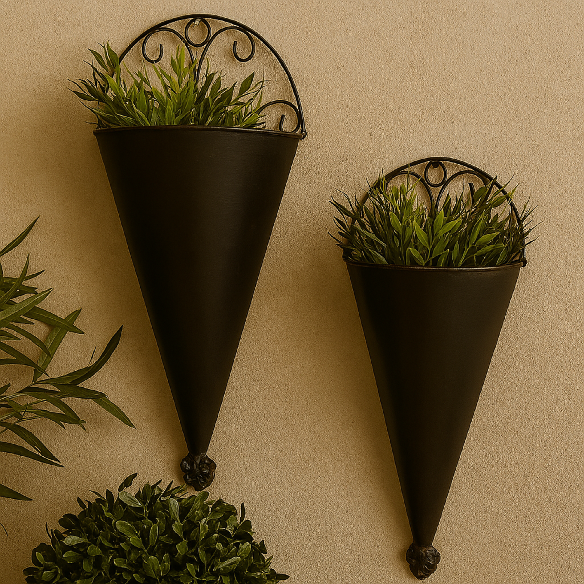 Set of 2 Scroll Black Metal Cone Indoor Outdoor Wall Planter