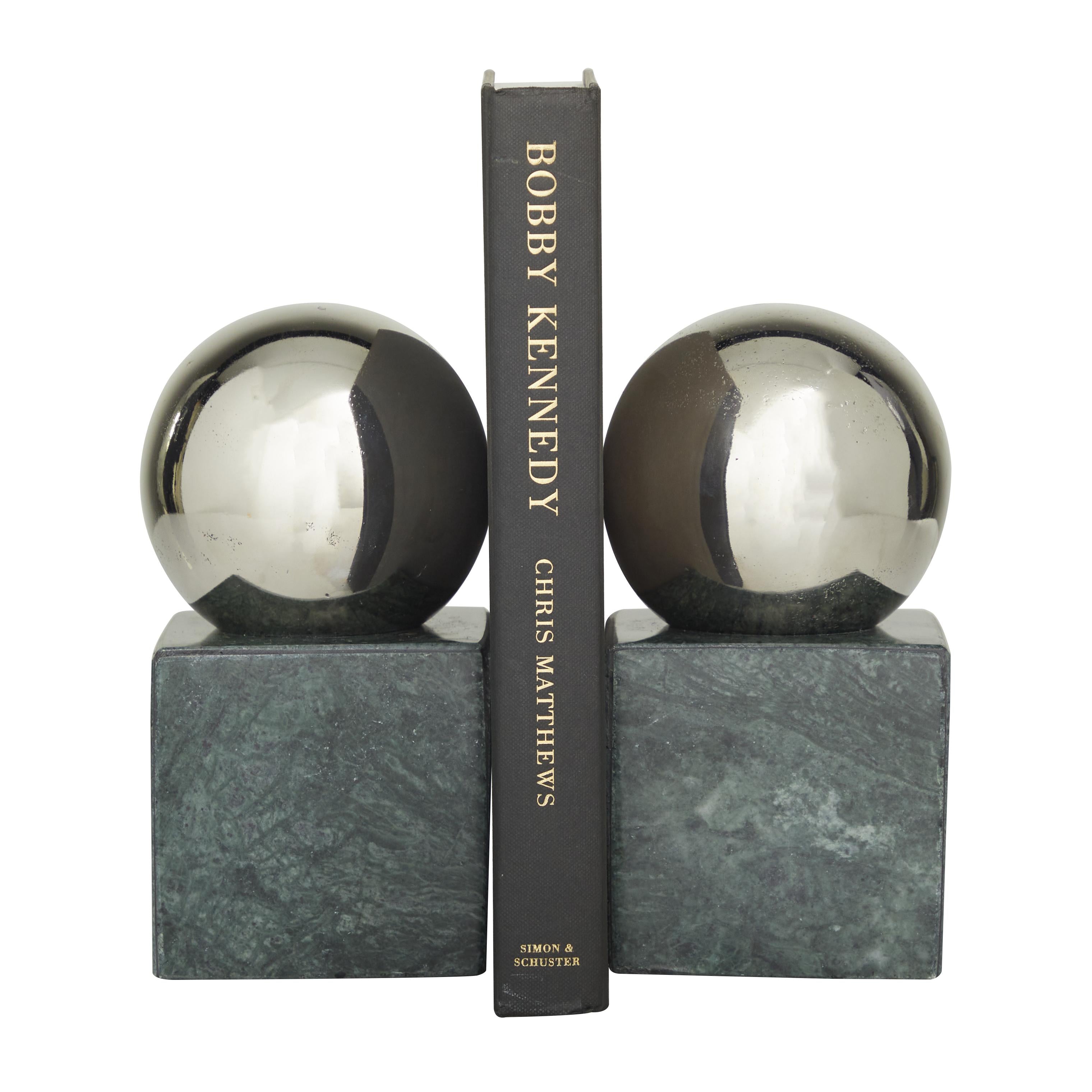CosmoLiving by Cosmopolitan Set of 2 Marble 7 lbs Decorative Bookends with Silver Aluminum Orb