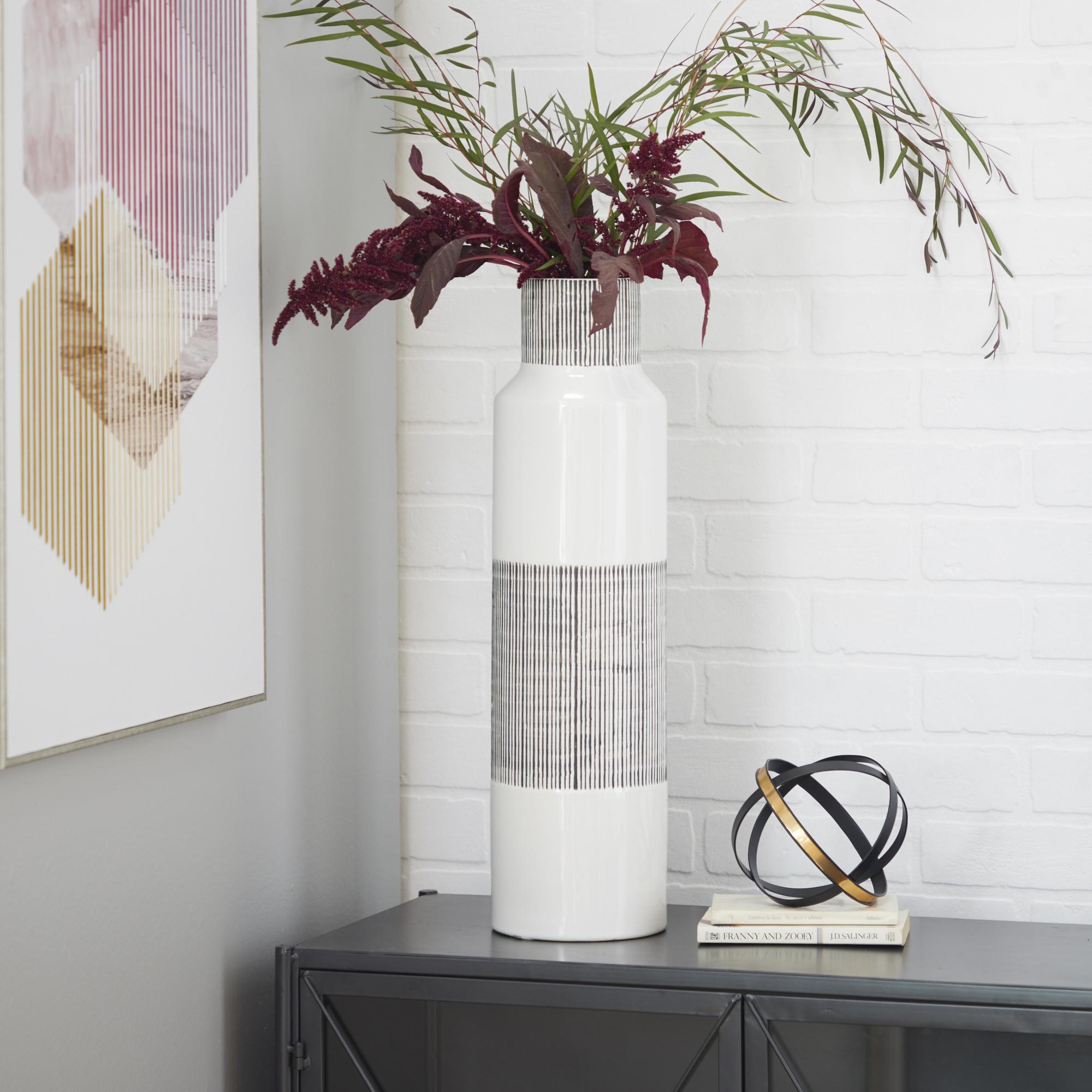 CosmoLiving by Cosmopolitan White Ceramic Handmade Decorative Vase with Gray Striped Accents