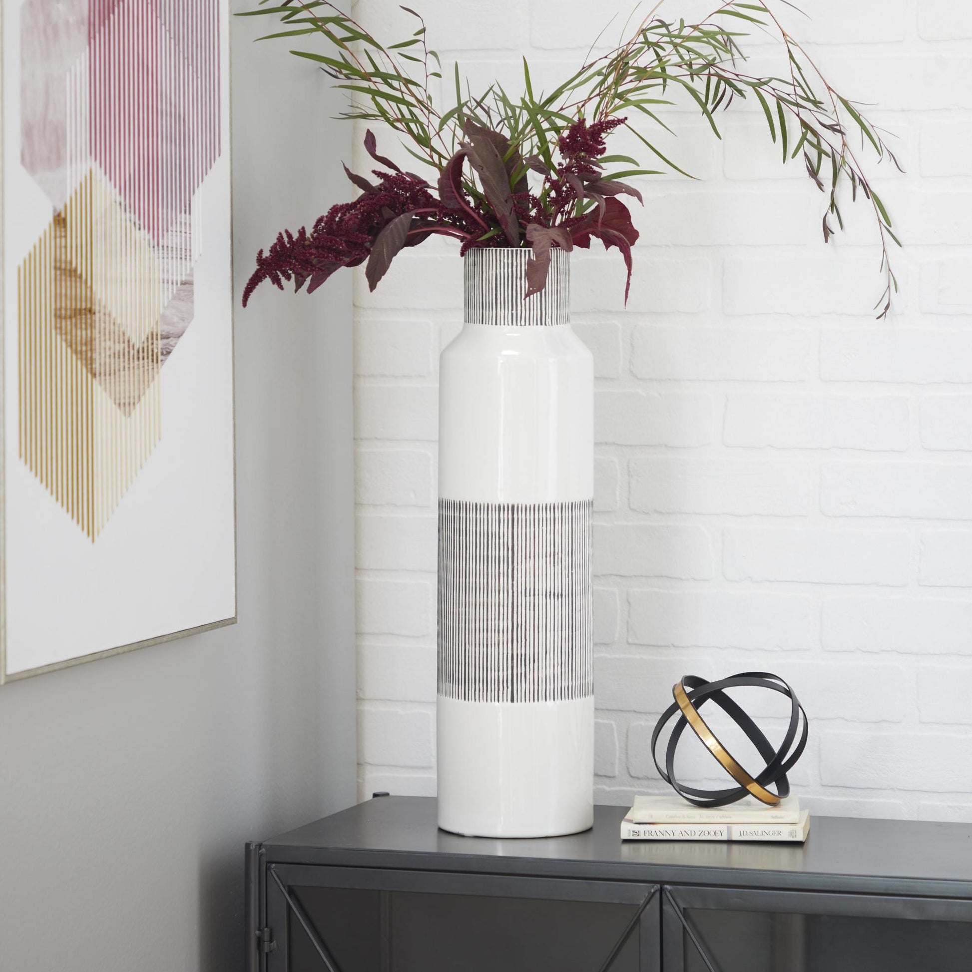 CosmoLiving by Cosmopolitan White Ceramic Handmade Decorative Vase with Gray Striped Accents