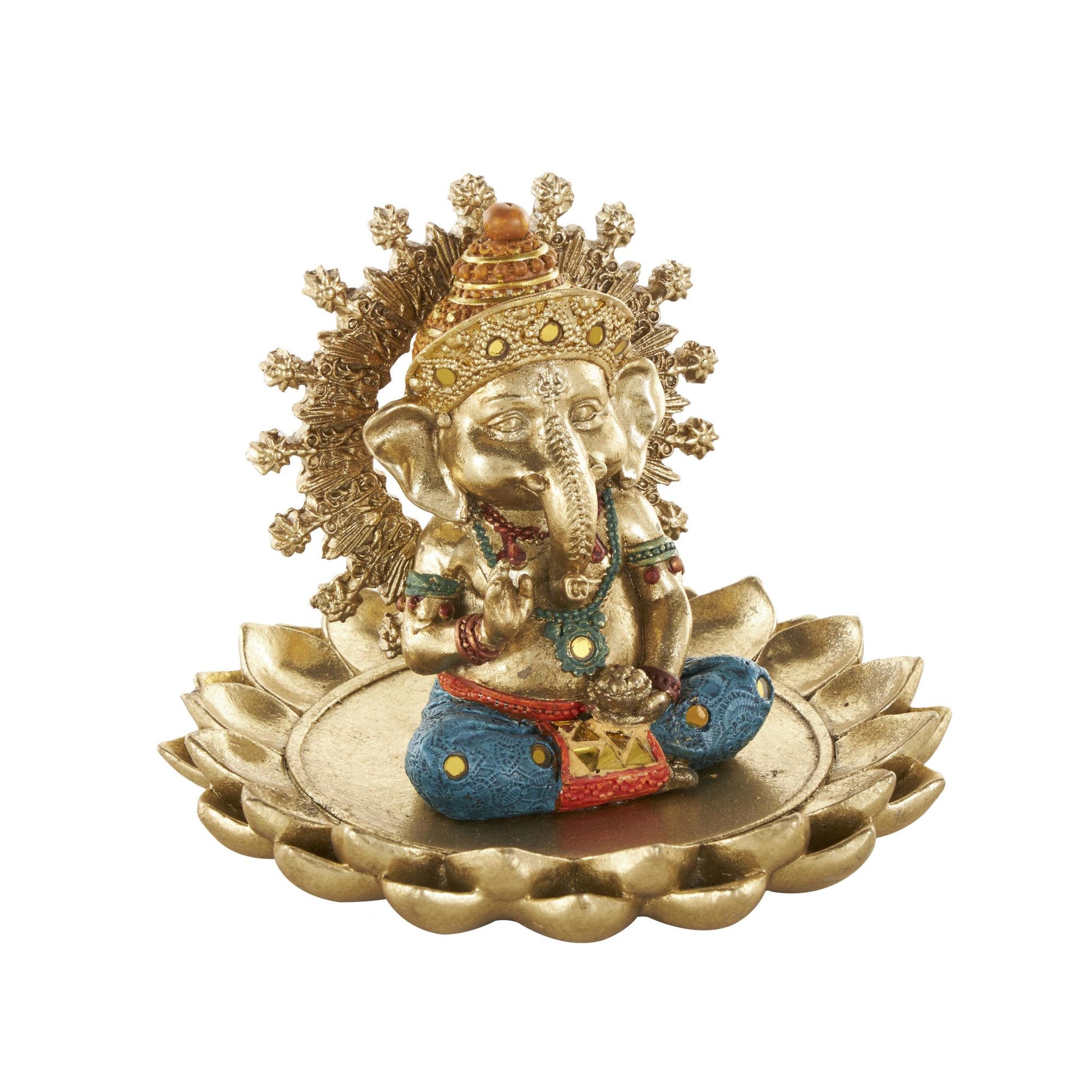 Ganesh Gold Resin Decorative Sculpture with Lotus Plate and Colorful Dresswear