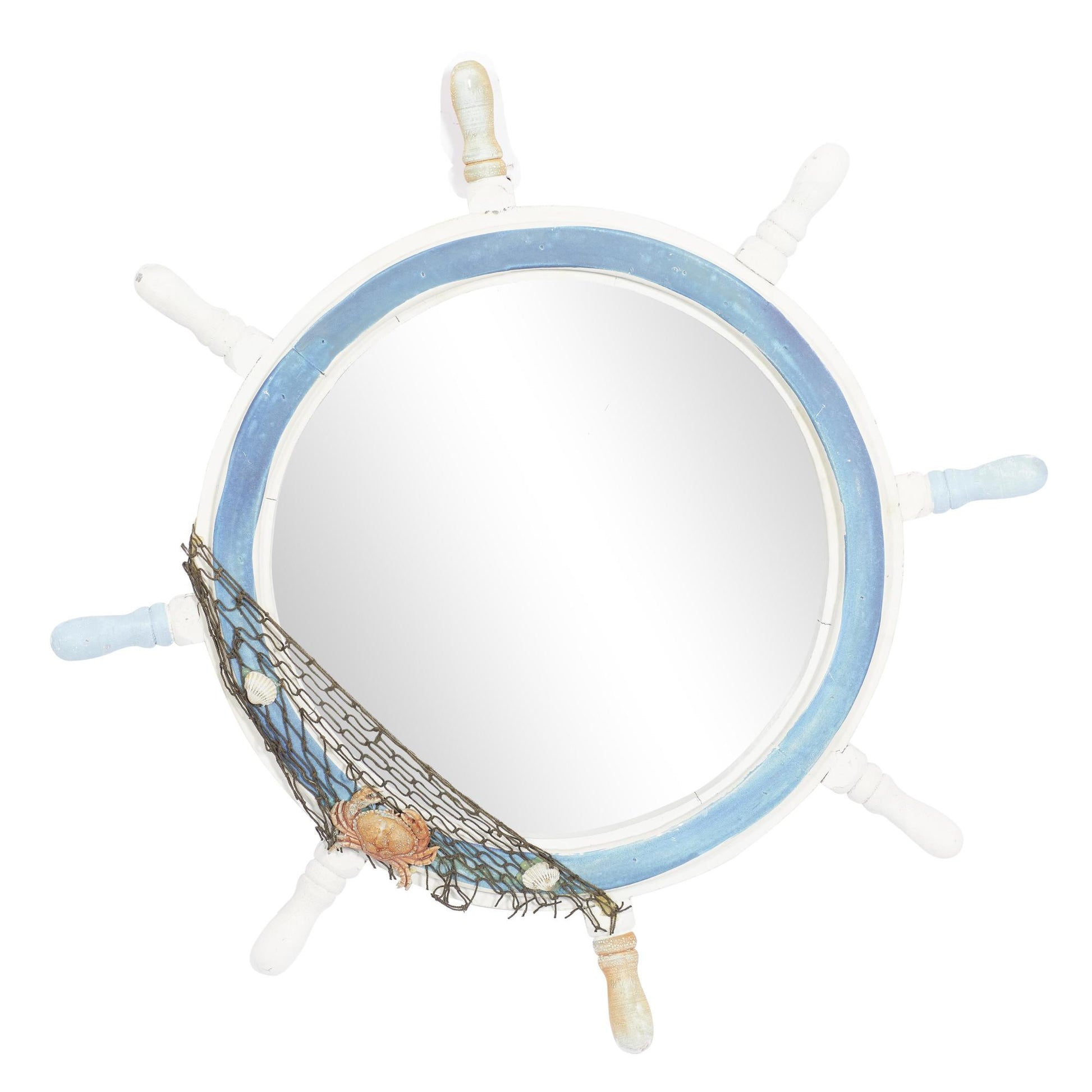 Ship Wheel Blue Wood Room Wall Mirror with White Spokes and Sealife with Netting Accent