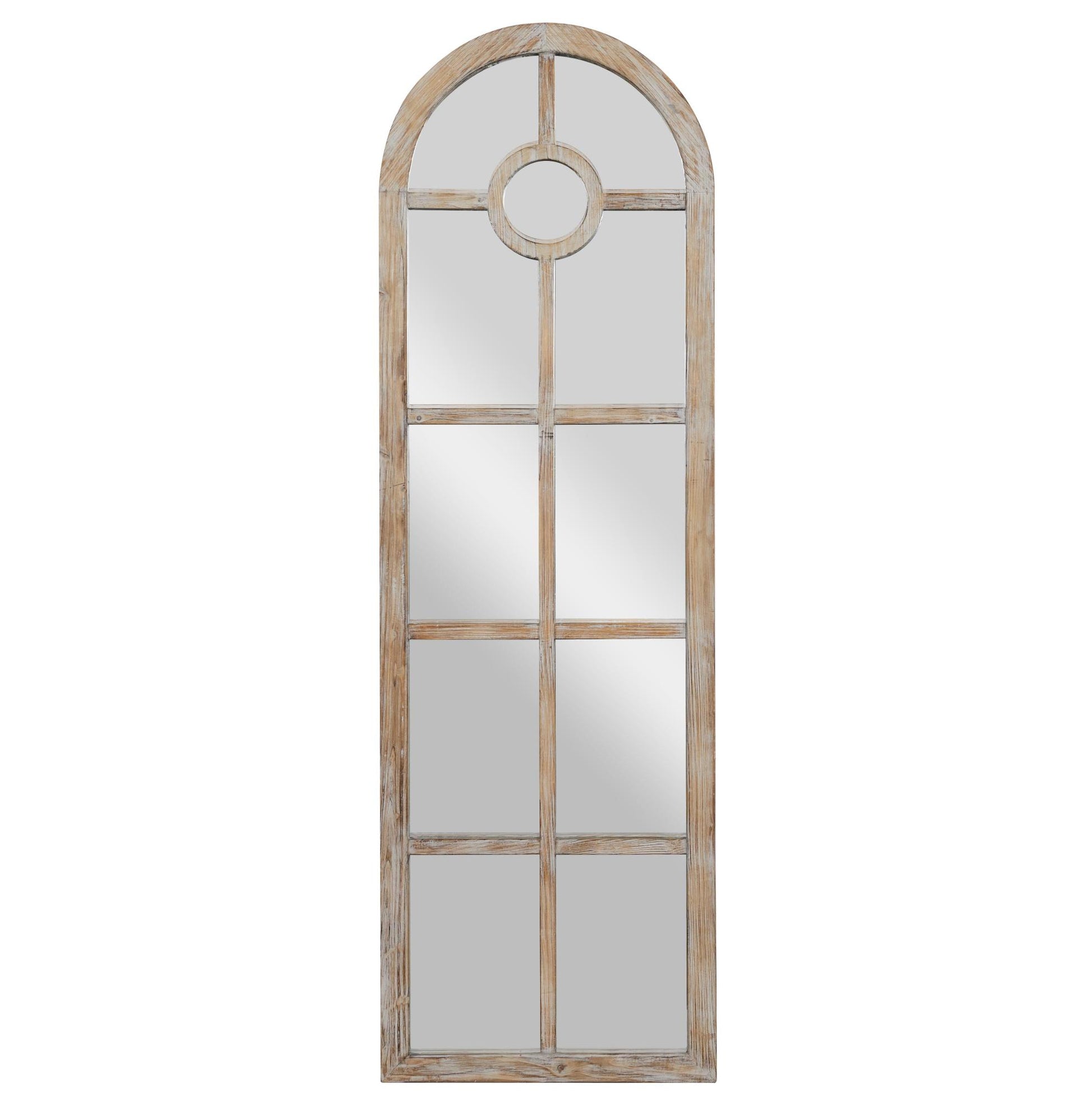 Brown Wood Arched Window Pane Room Wall Mirror