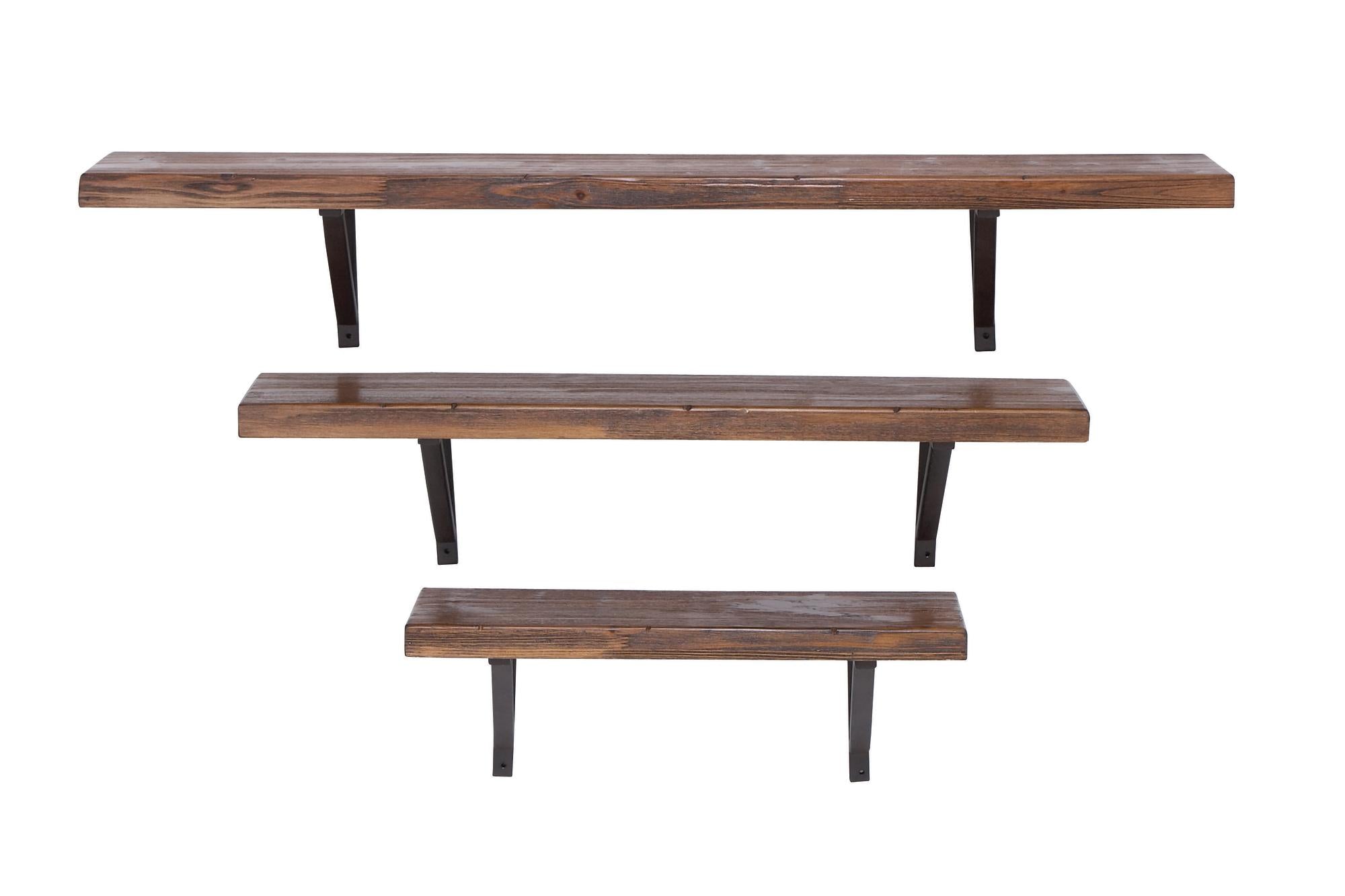 Set of 3 Geometric Brown Wood Room Wall Shelf with Black Metal Brackets