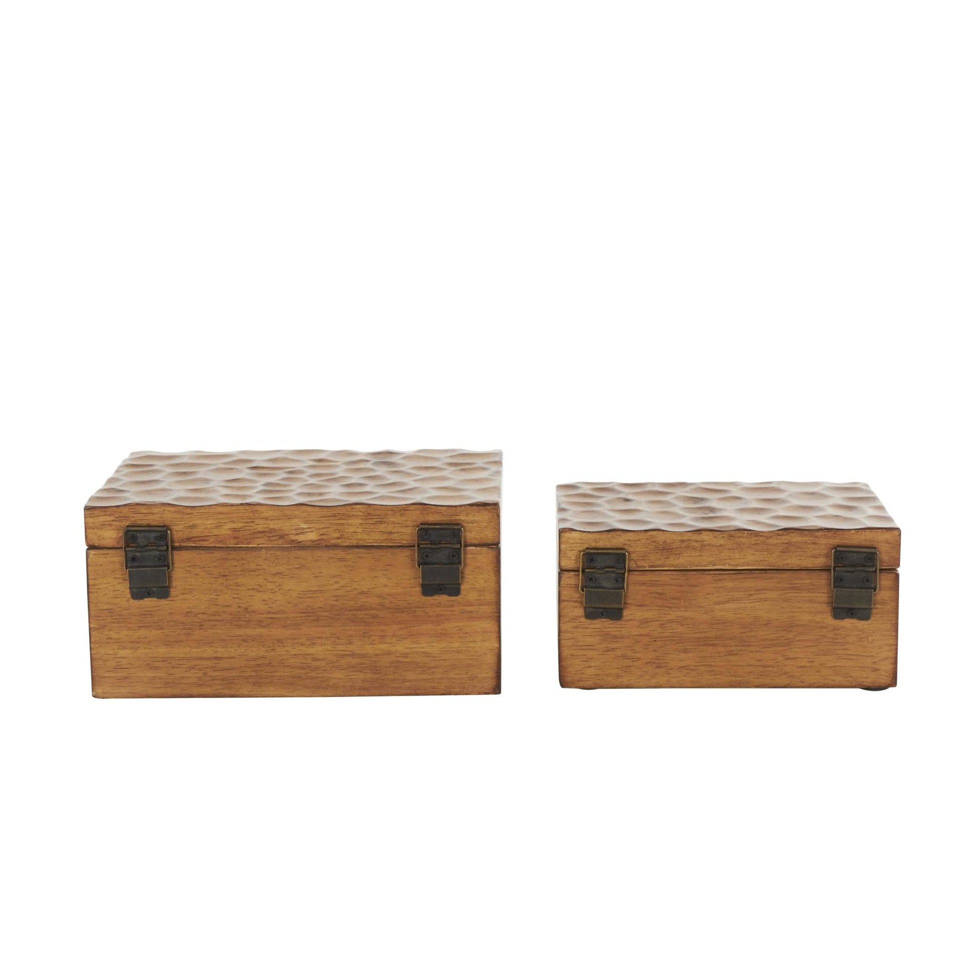 Set of 2 Geometric Brown Wood Textured Concave Honeycomb Storage Decorative Box with Black Knobs