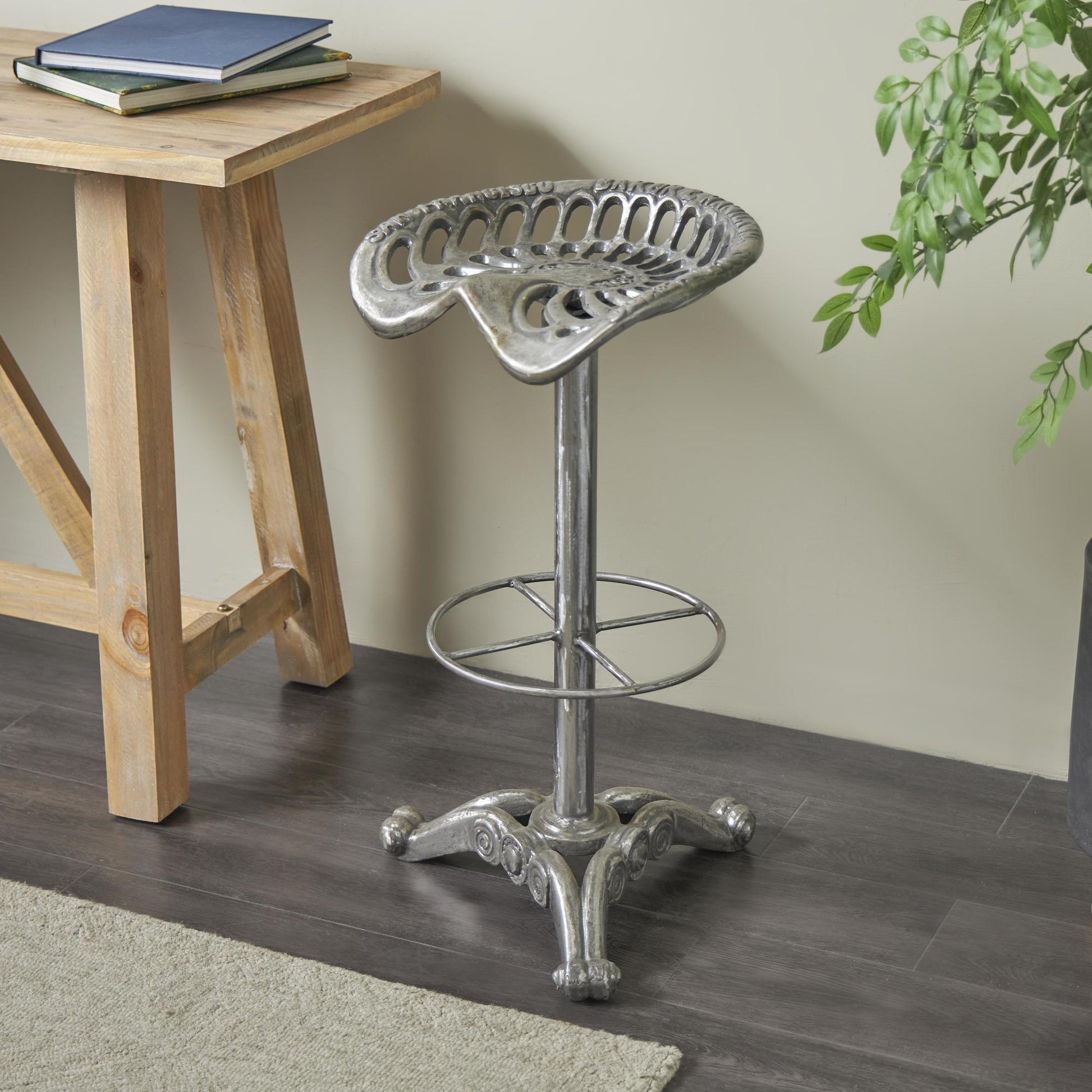 Scroll Gray Metal Weathered Antique Cast Iron Kitchen Bar Stool with Cutout Textured Seat and Footrest