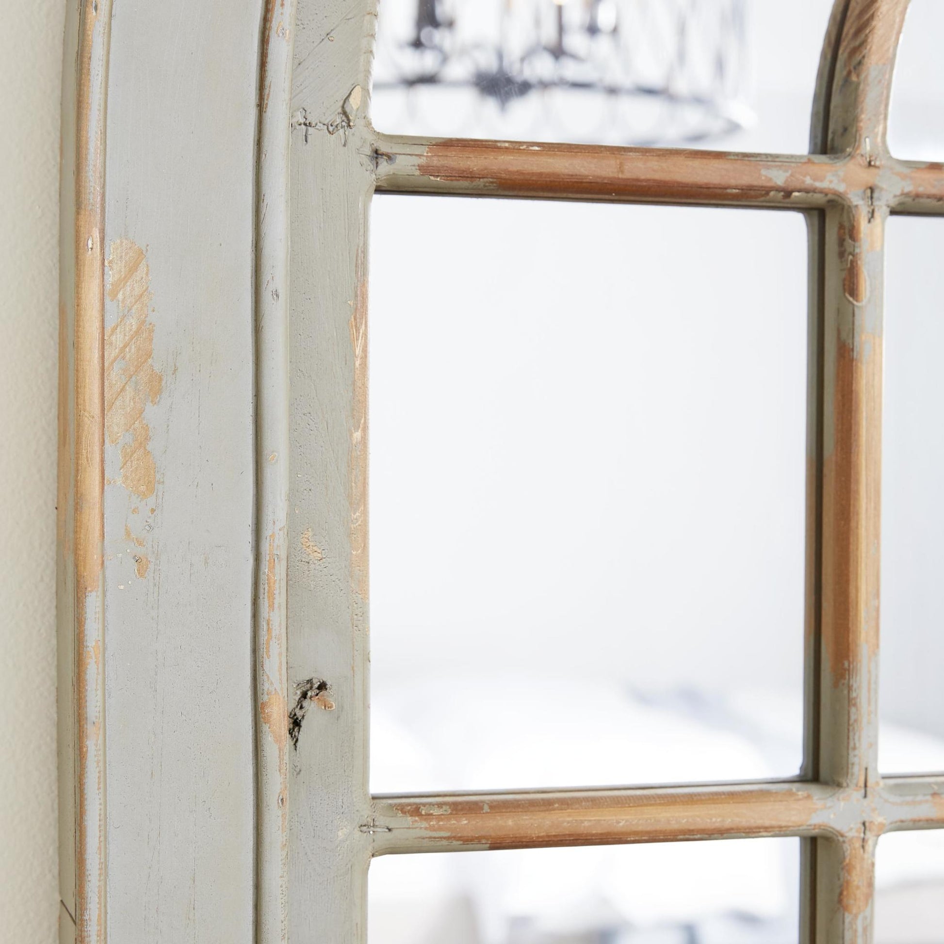 Wood Window Pane Inspired Room Wall Mirror with Arched Top and Distressing