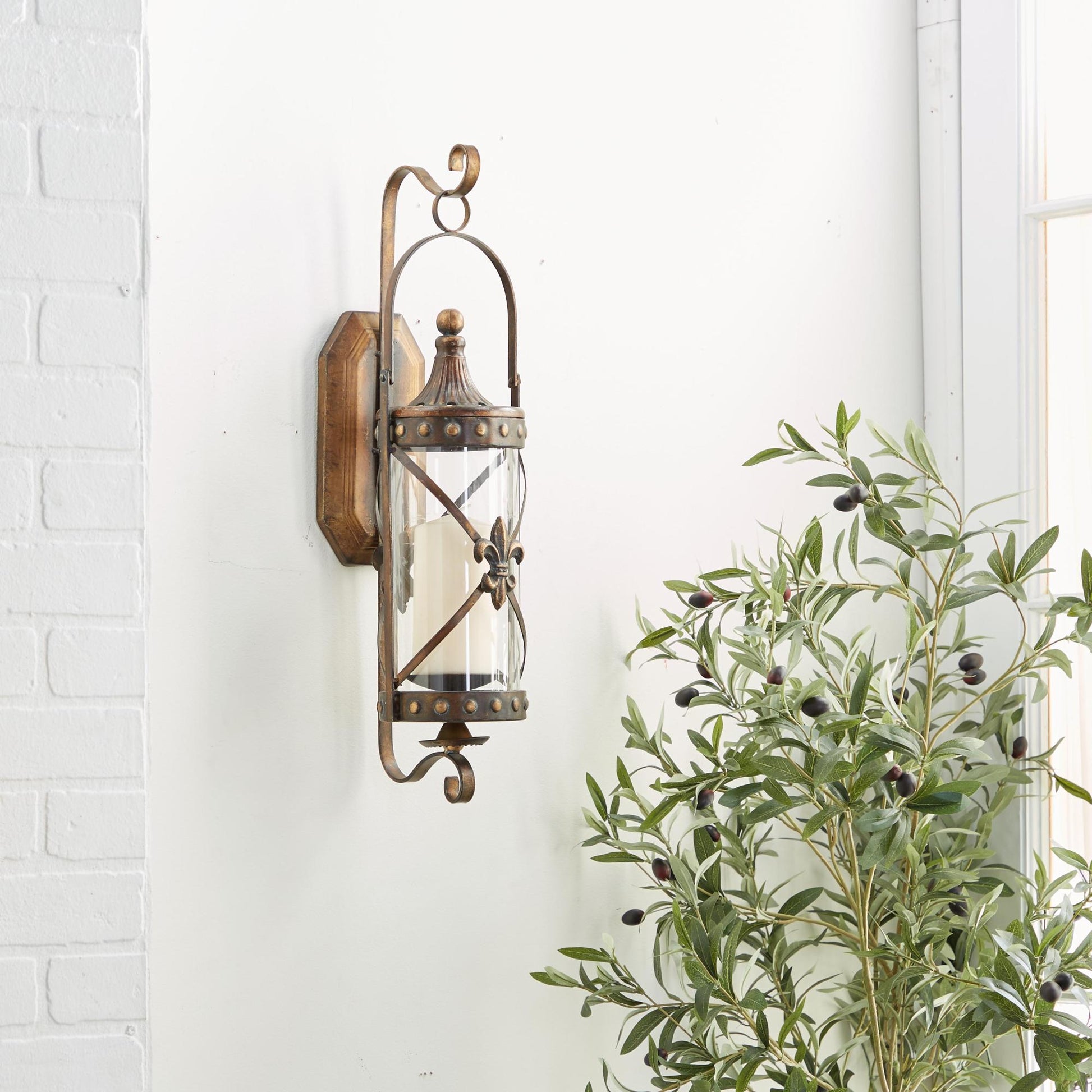 Fleur De Lis Metal Suspended Studded Single Candle Indoor Outdoor Wall Sconce with Scroll Details