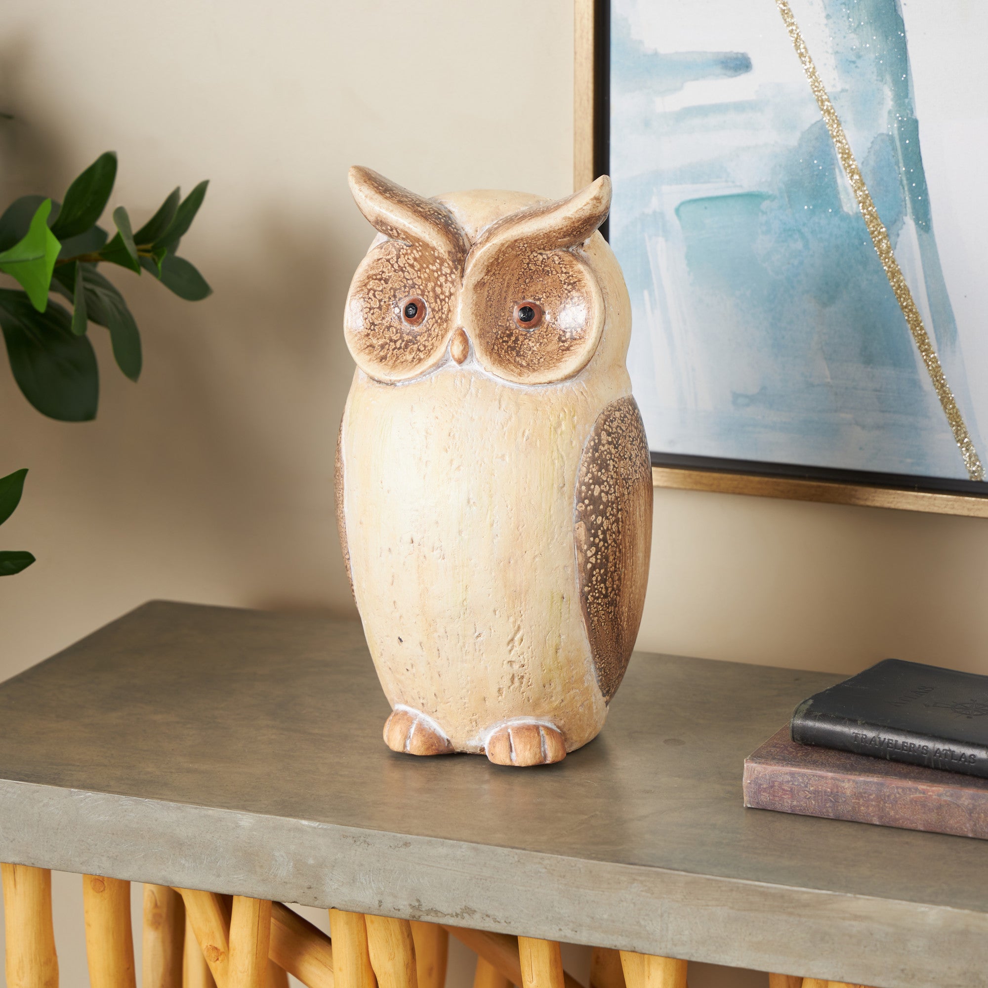 Owl Cream Magnesium Oxide Decorative Garden Sculpture with Brown Accents