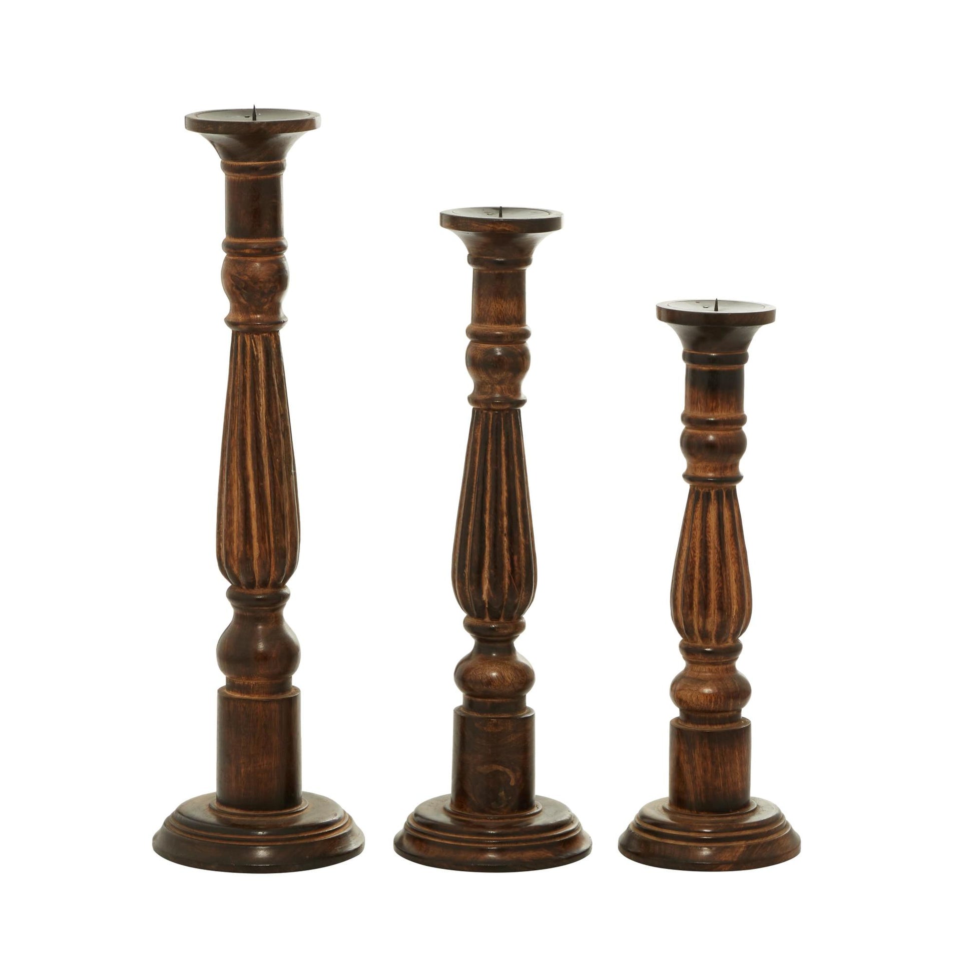 Set of 3 Brown Mango Wood Tall Turned Decorative Candle Holder