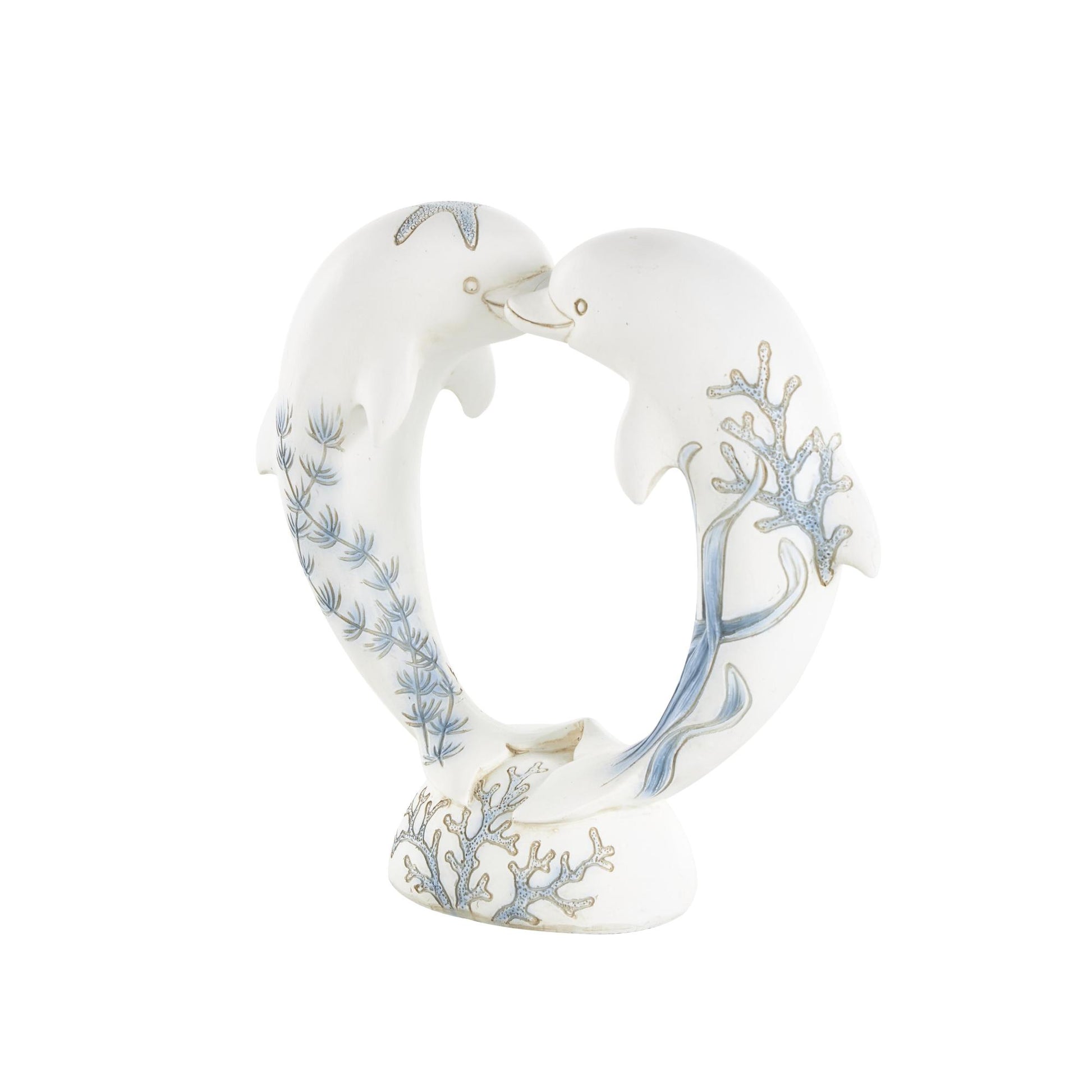 Dolphin White Polystone Heart Shaped Decorative Sculpture with Blue Coral Patterns
