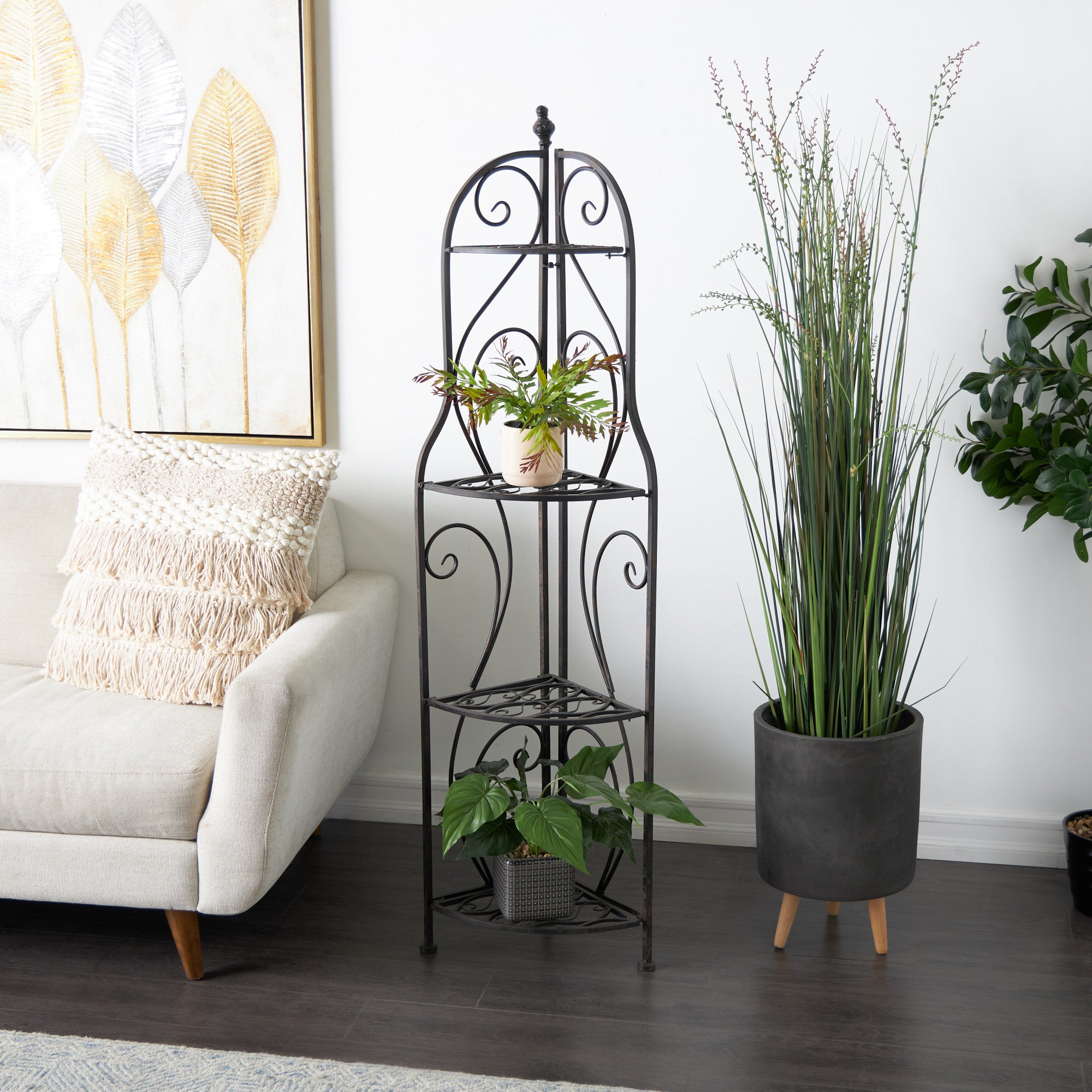 Scroll Black Metal Indoor Outdoor Arched Tall Folding Corner 4 Shelf Decorative Bakers Rack