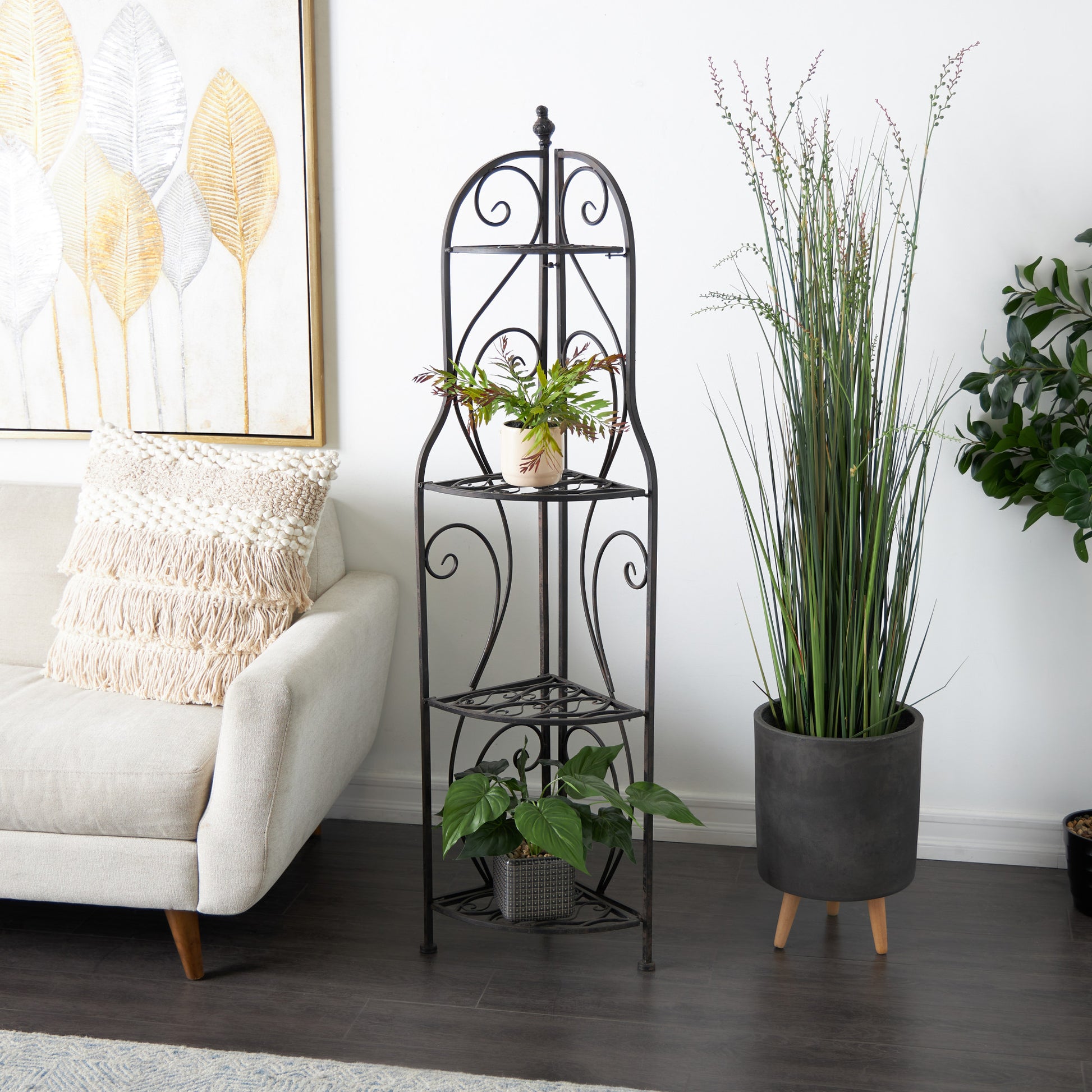 Scroll Black Metal Indoor Outdoor Arched Tall Folding Corner 4 Shelf Decorative Bakers Rack