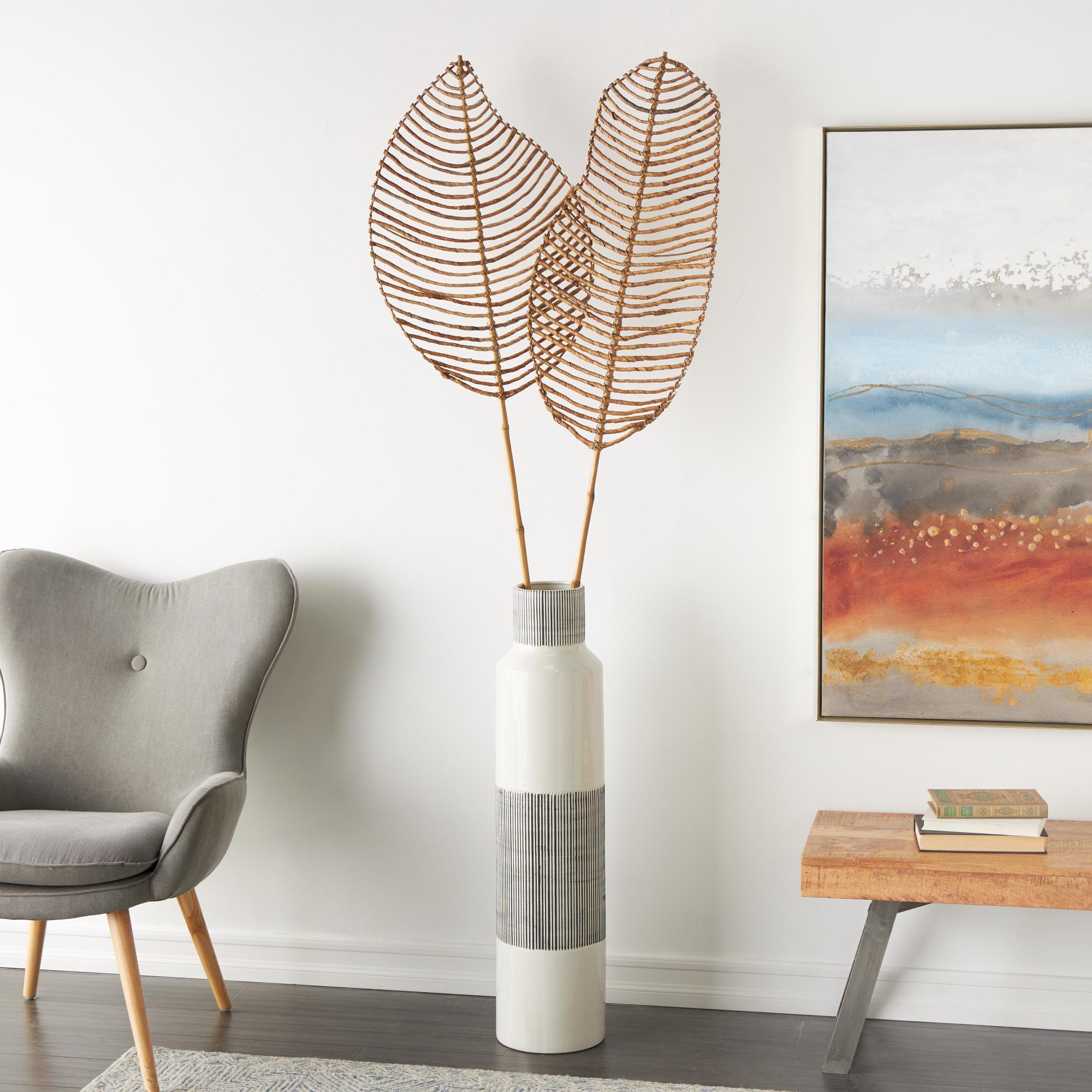 Set of 2 Palm Tree Light Brown Bamboo Wood Handmade Tall Woven Leaf Stick Home Decor Natural Foliage