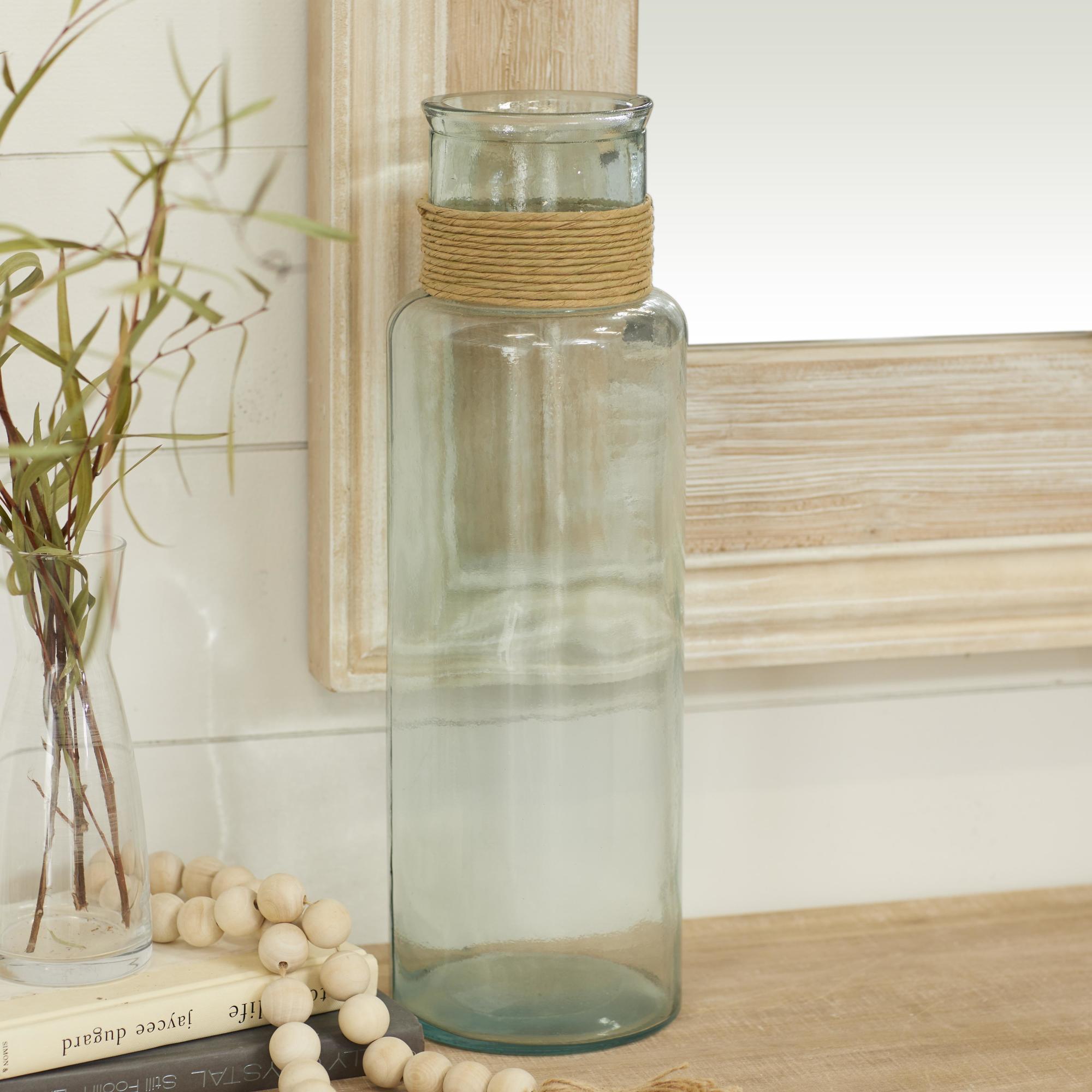 Teal Recycled Glass Handmade Slim Spanish Bottle Neck Decorative Vase with Wrapped Rattan Neck
