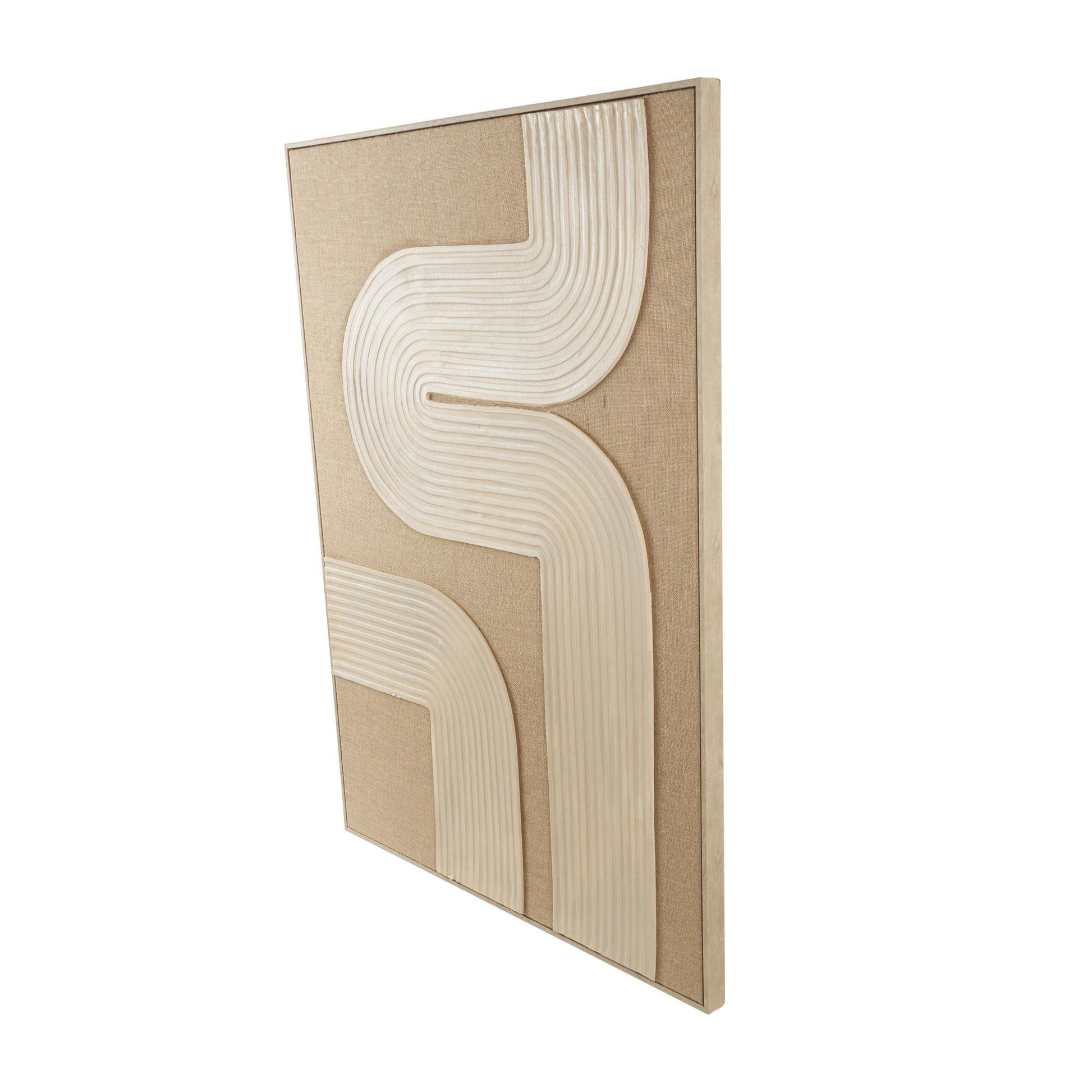 Abstract Brown Canvas Textured Living Room Framed Wall Art with Tan Ribbed Curve Shapes