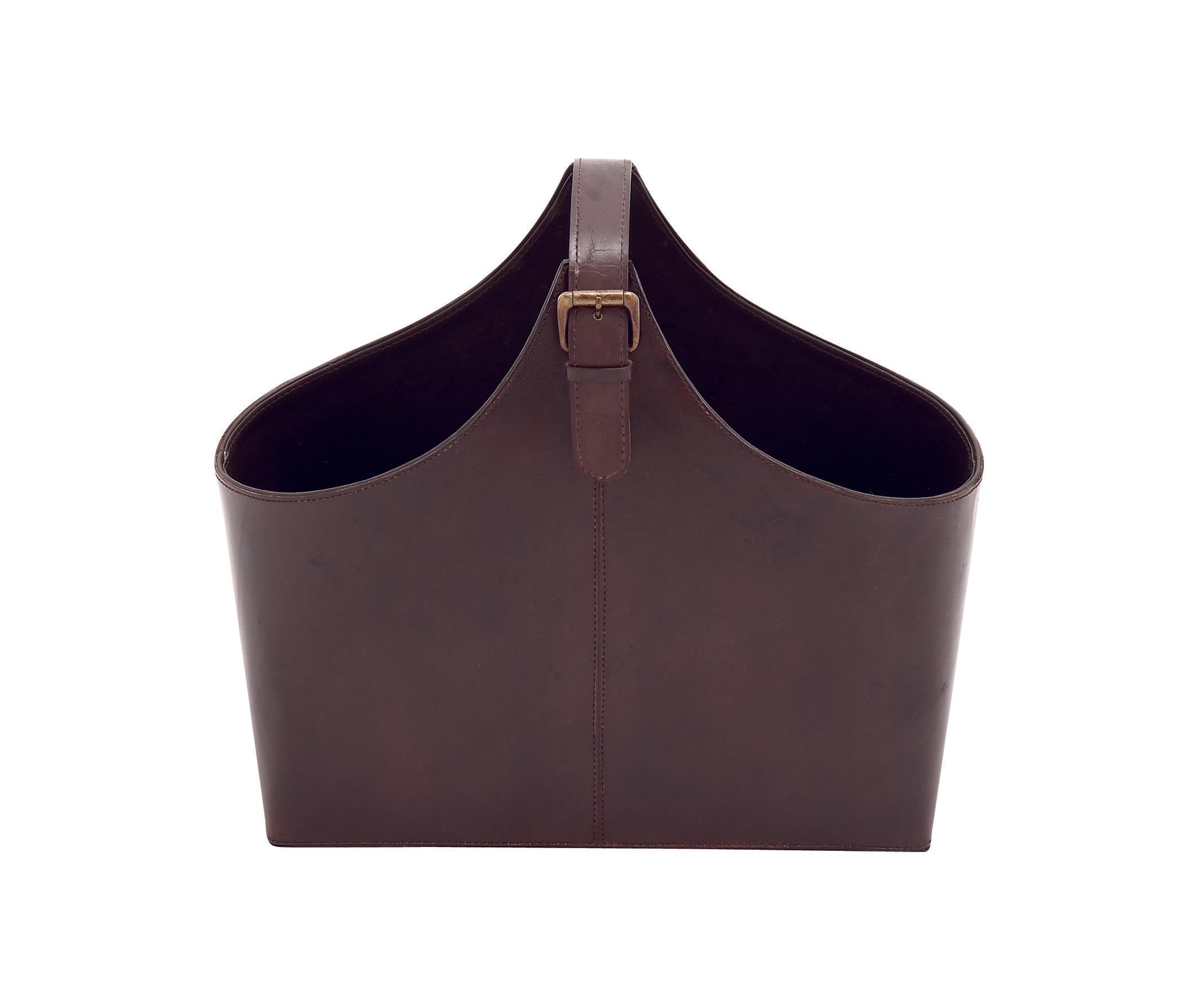 Leather Handmade Box Style Decorative Magazine Holder with Detail Stitching and Curved Buckle Handle