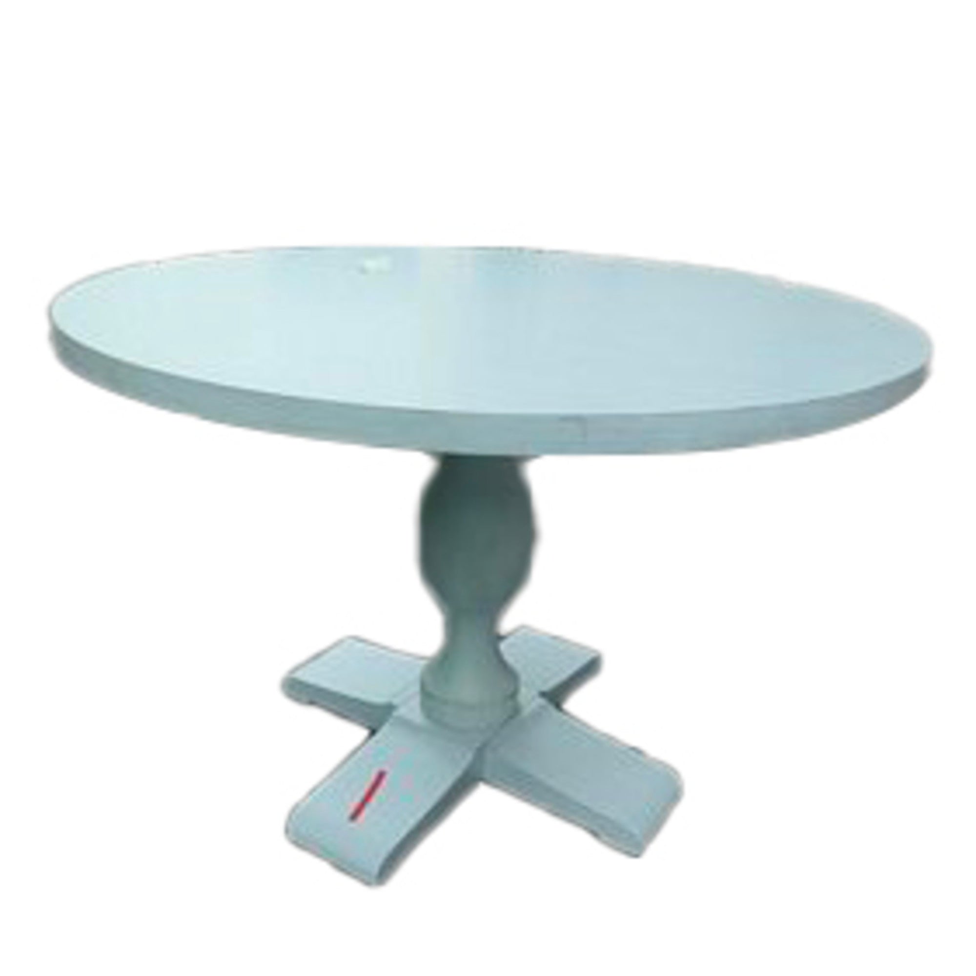 Light Blue Wood Round Kitchen Dining Table with Turned Pedestal Base and X Support