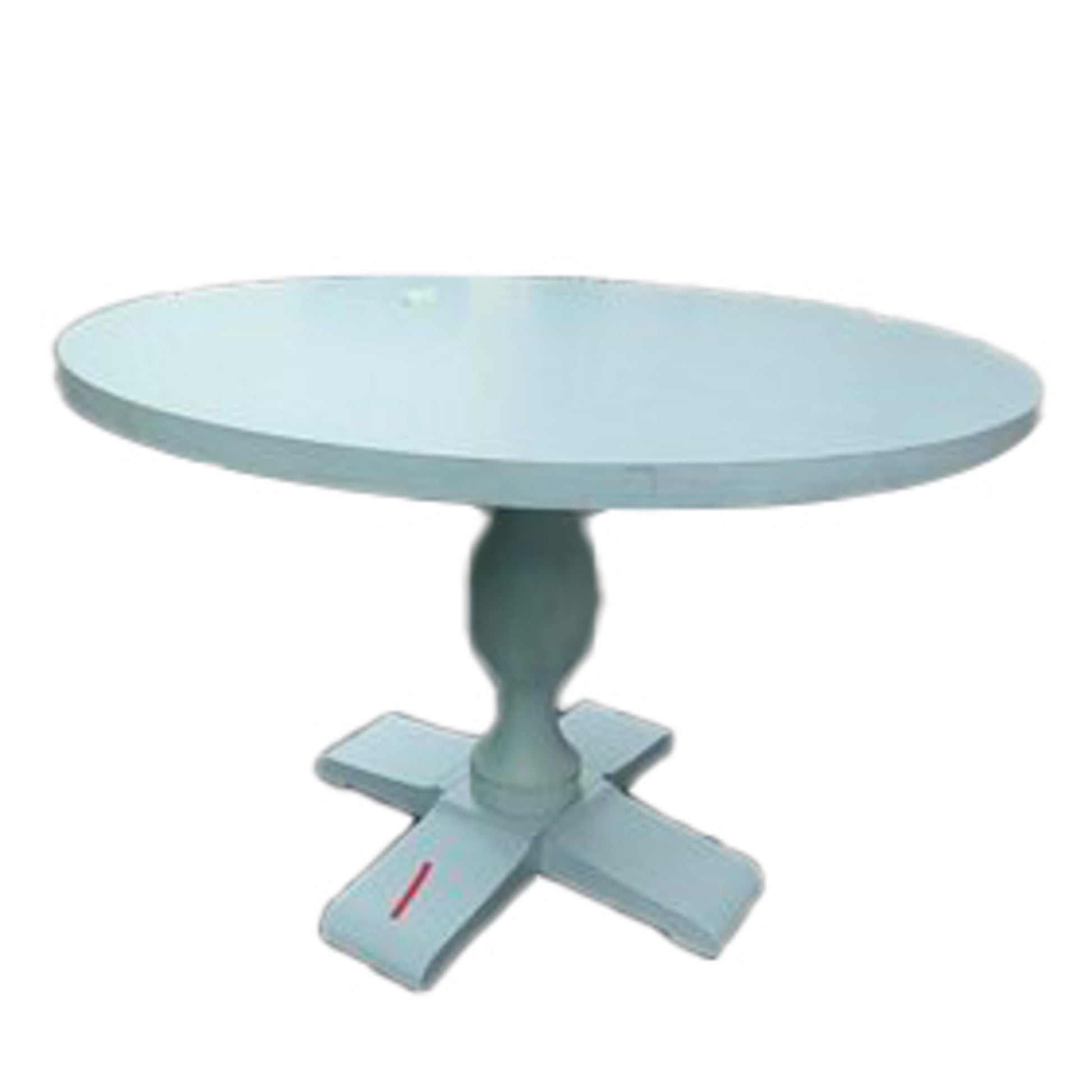 Light Blue Wood Round Kitchen Dining Table with Turned Pedestal Base and X Support