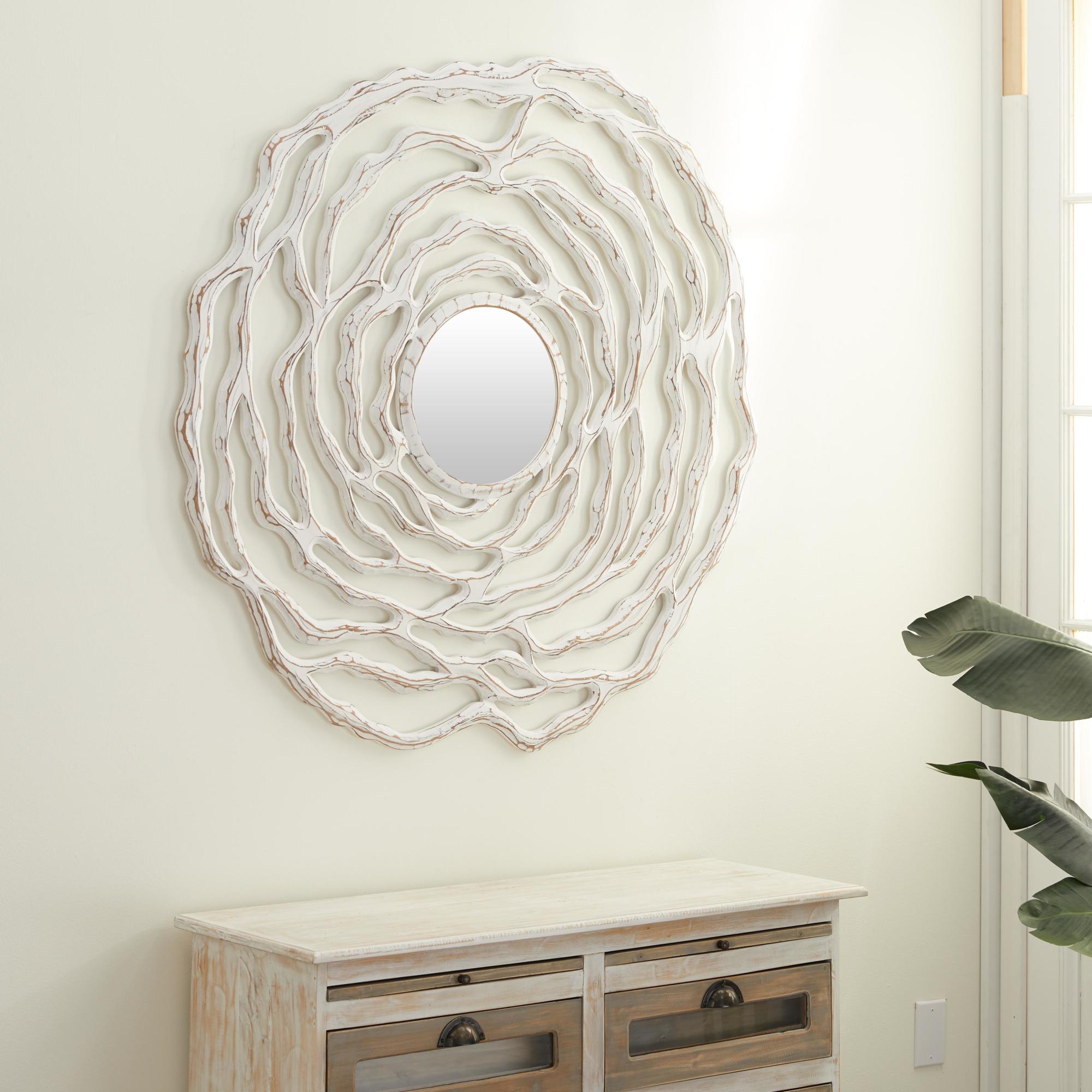 Floral White Wooden Carved Room Wall Mirror with Cutout Design