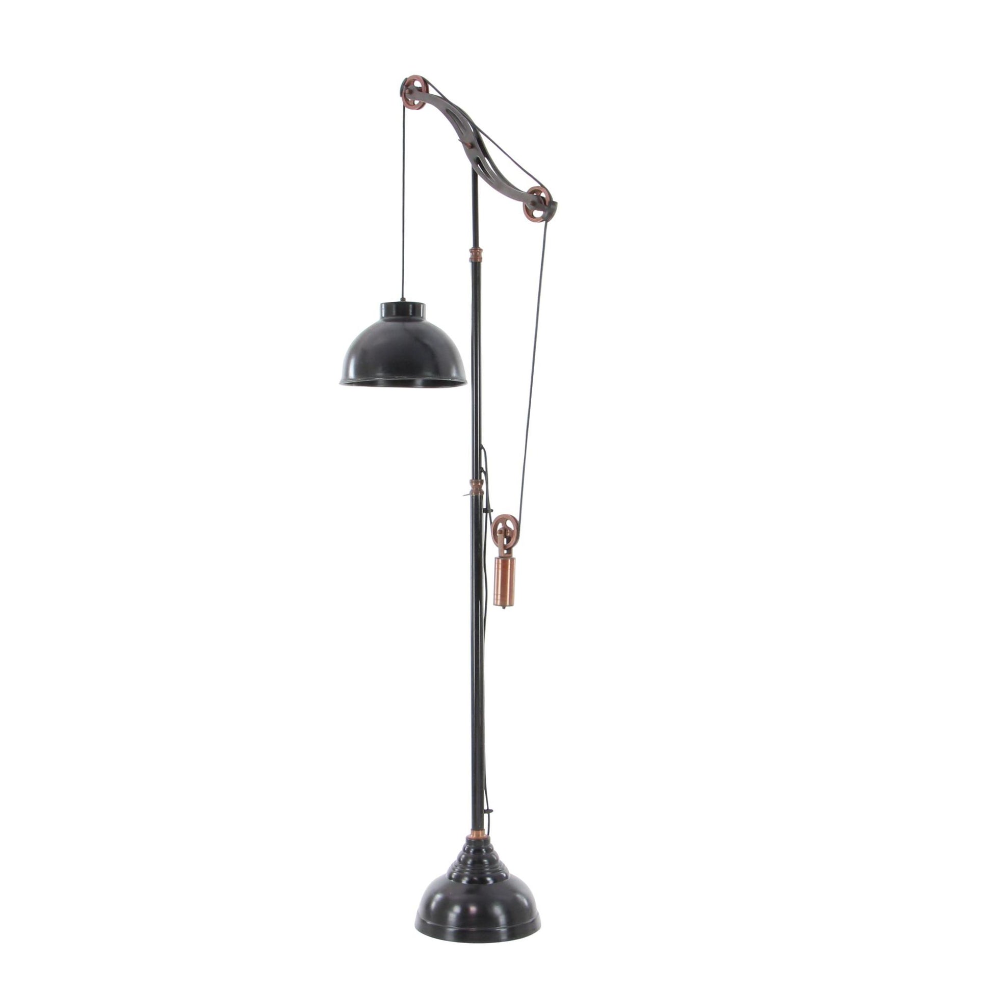 Black Aluminum Metal Pulley Room Floor Lamp with Copper Accents