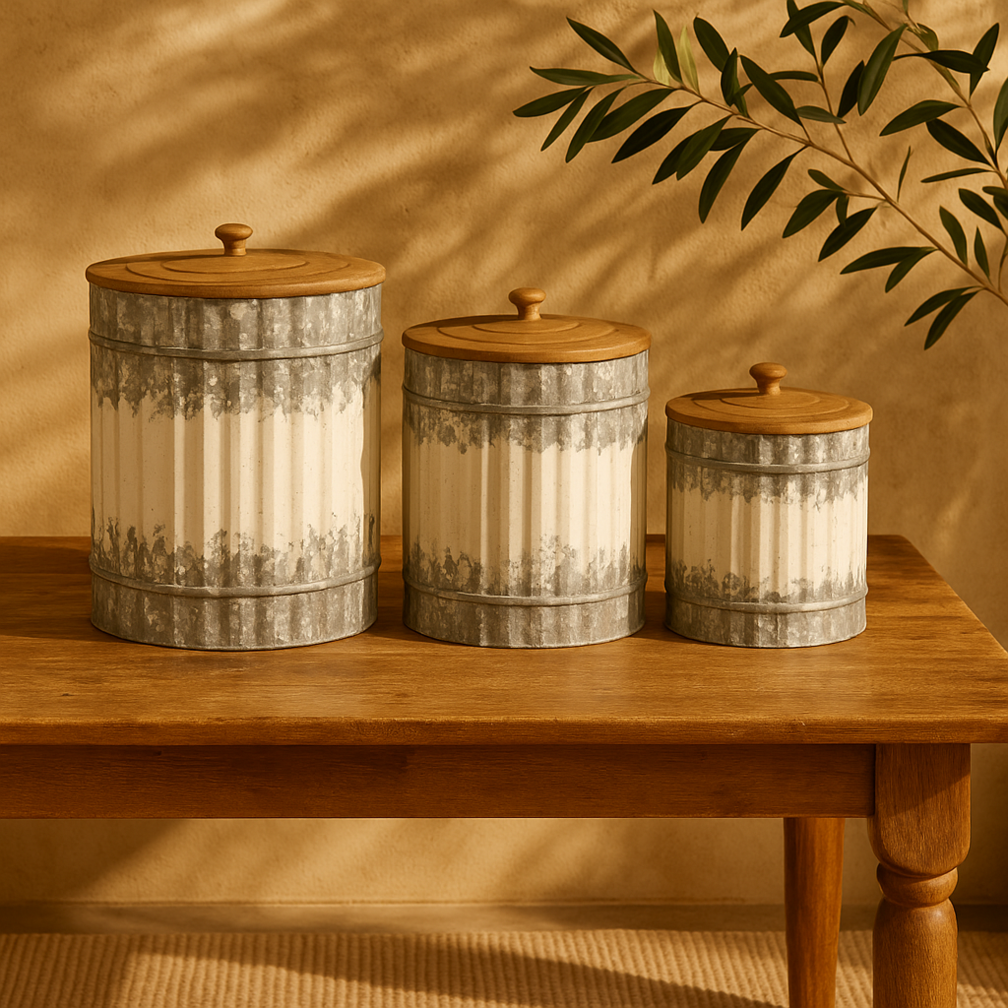 Set of 3 White Metal Distressed Living Room Decorative Jars with Wood Lids