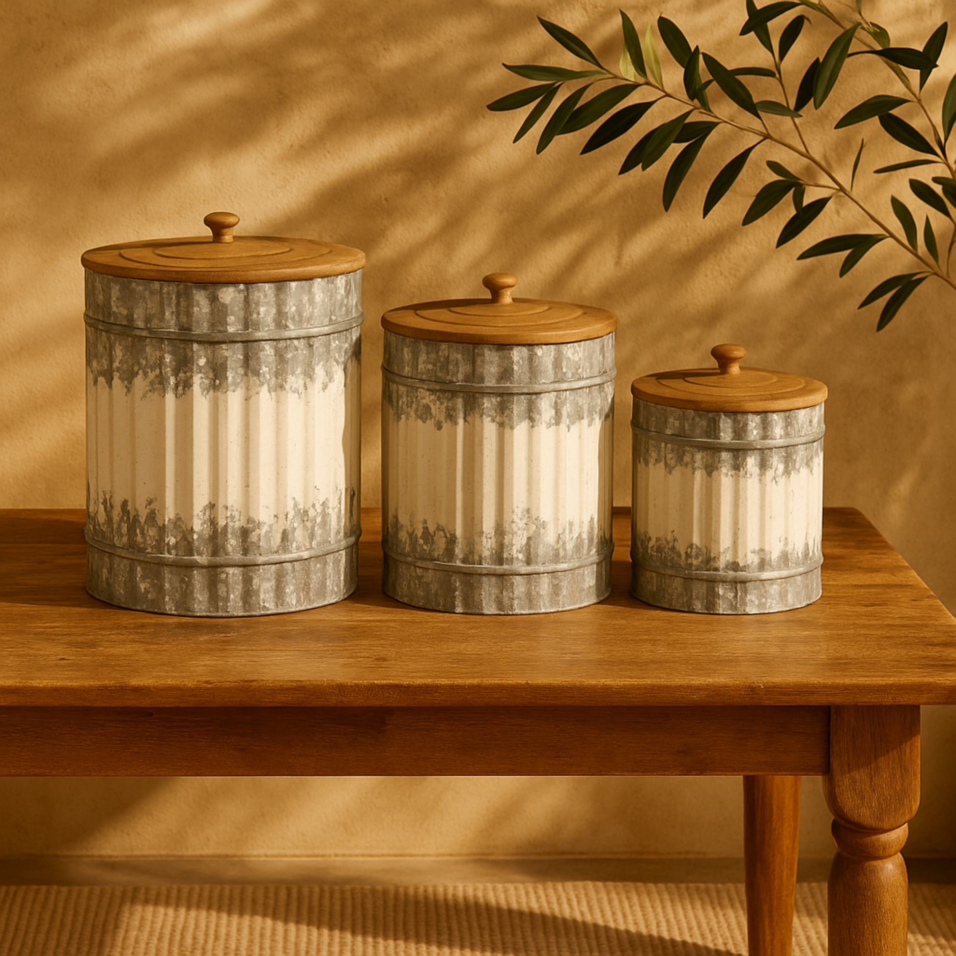 Set of 3 White Metal Distressed Living Room Decorative Jars with Wood Lids