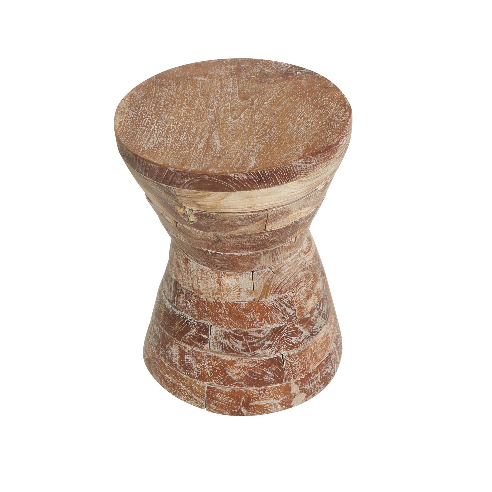 Geometric Teak Wood Handmade Hourglass Side End Accent Table with Stacked Wood Pieces