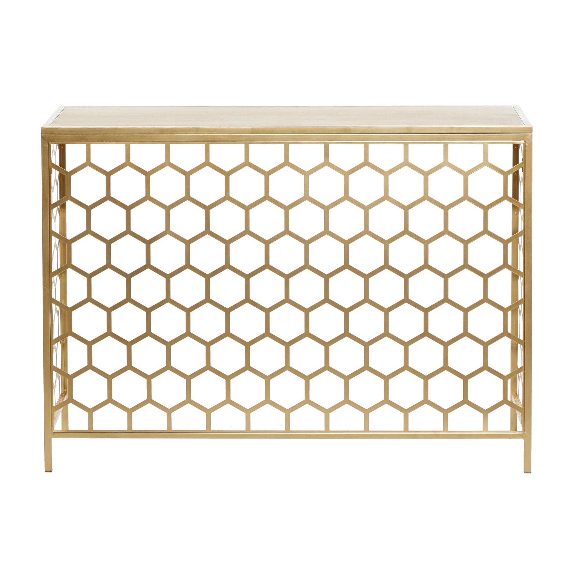 Geometric Gold Metal Honeycomb Pattern Living Room Console Table with Brown Wood Top