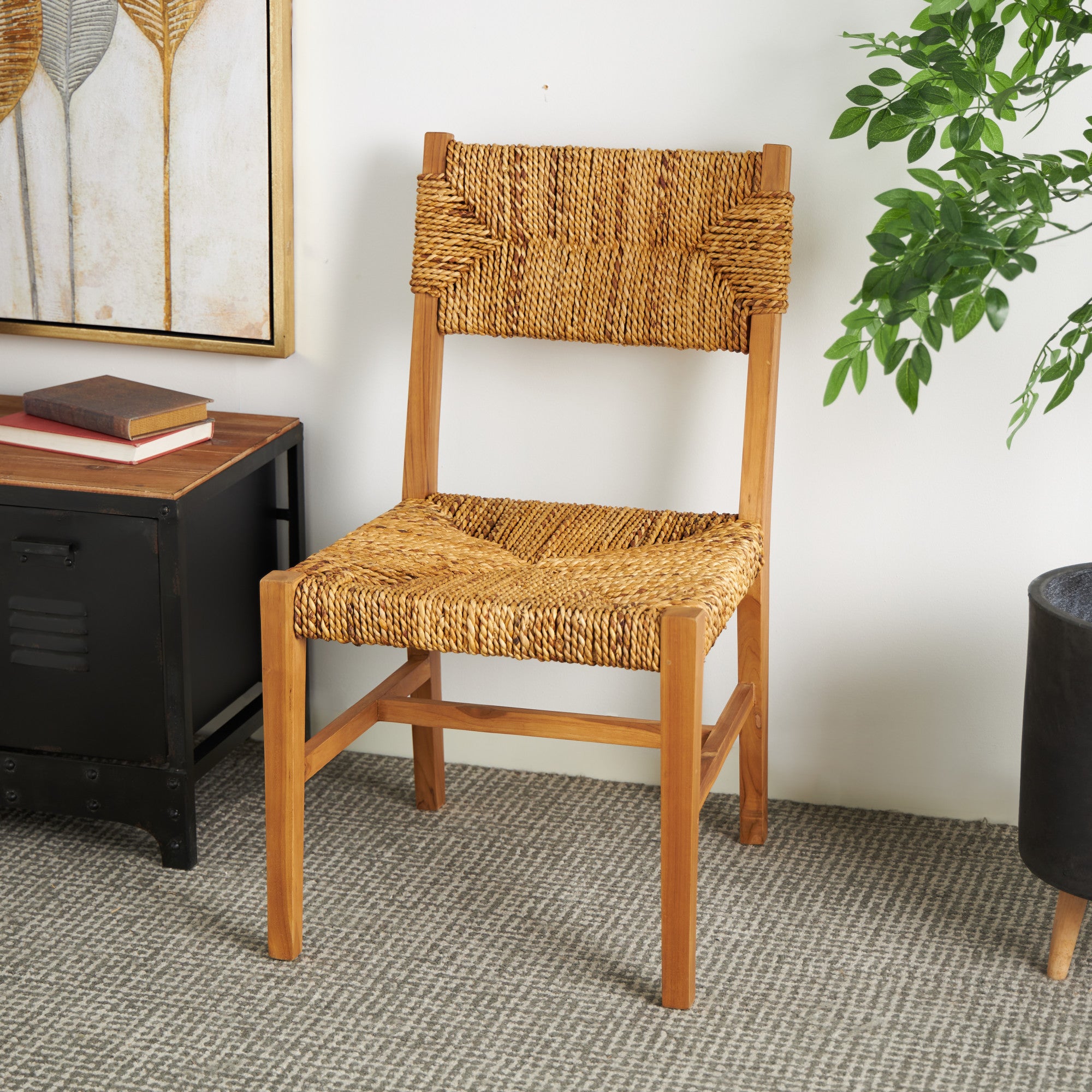 Set of 2 Light Brown Teak Wood Handmade Living Room Accent Chair with Woven Banana Leaf Seat