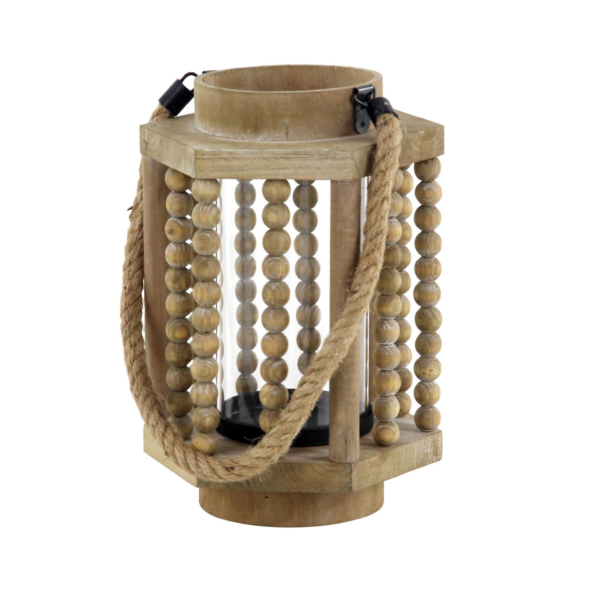Beige Reclaimed Wood Beaded Decorative Indoor Outdoor Candle Lantern