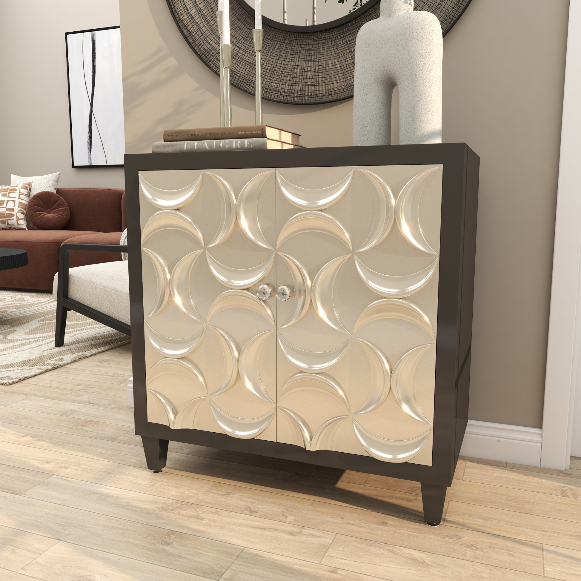 Moon Black Wooden Silver Crescent Relief Design 2 Door Room Cabinet with Crystal Knob Handles