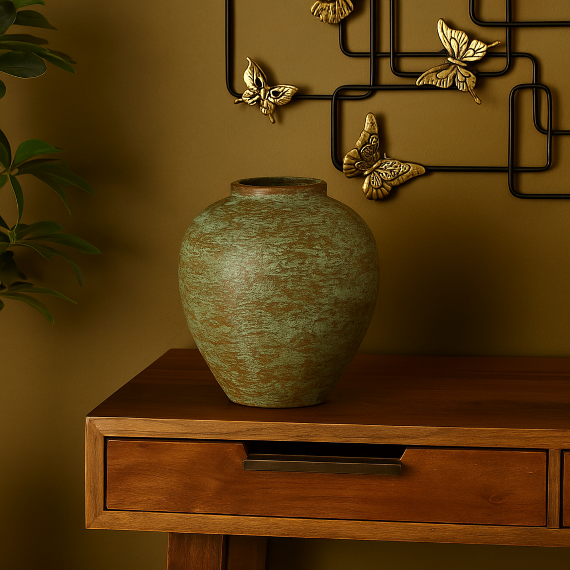 Brown Ceramic Antique Style Textured Patina Decorative Vase