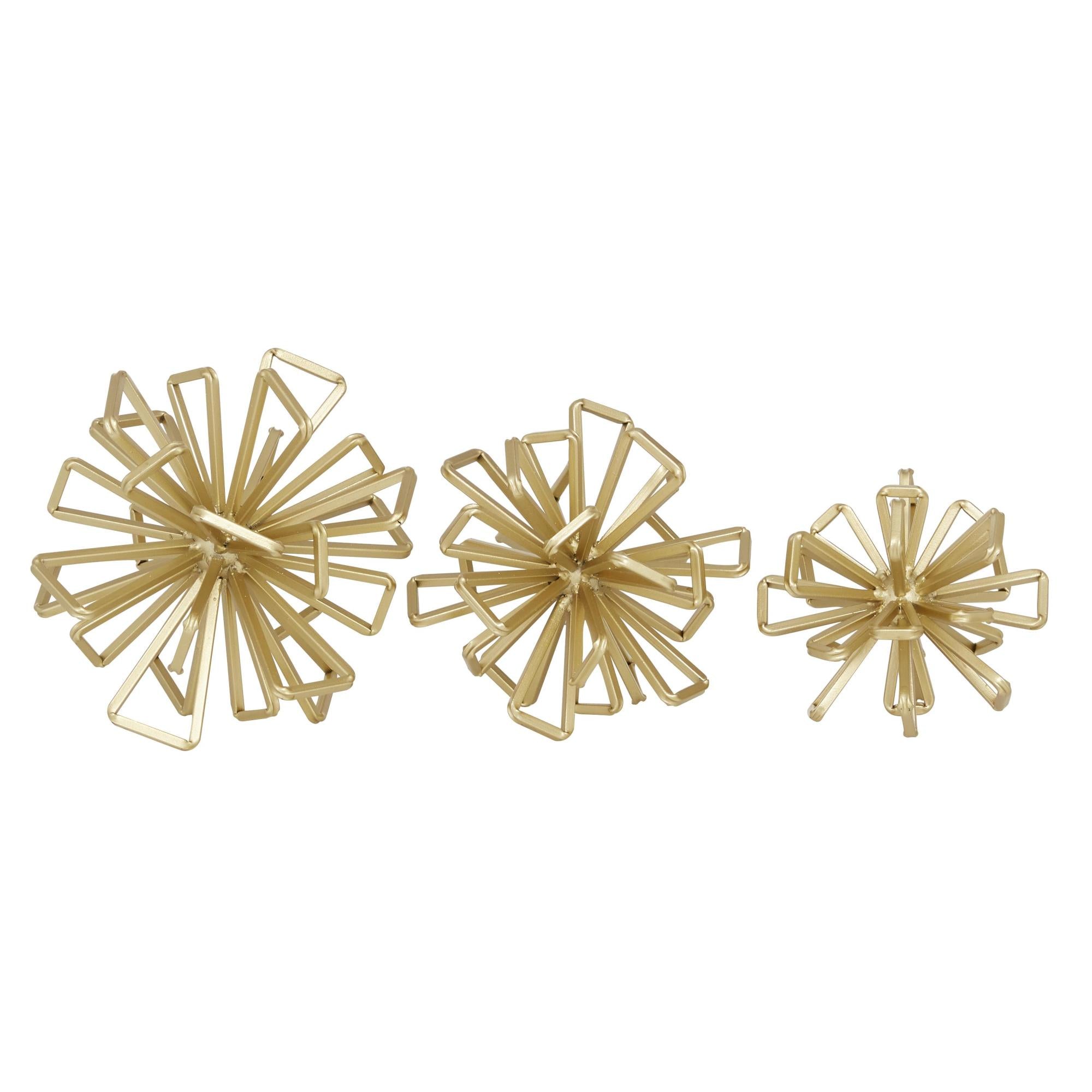 Set of 3 Geometric Gold Metal Wire Rod Orb Decorative Sculpture