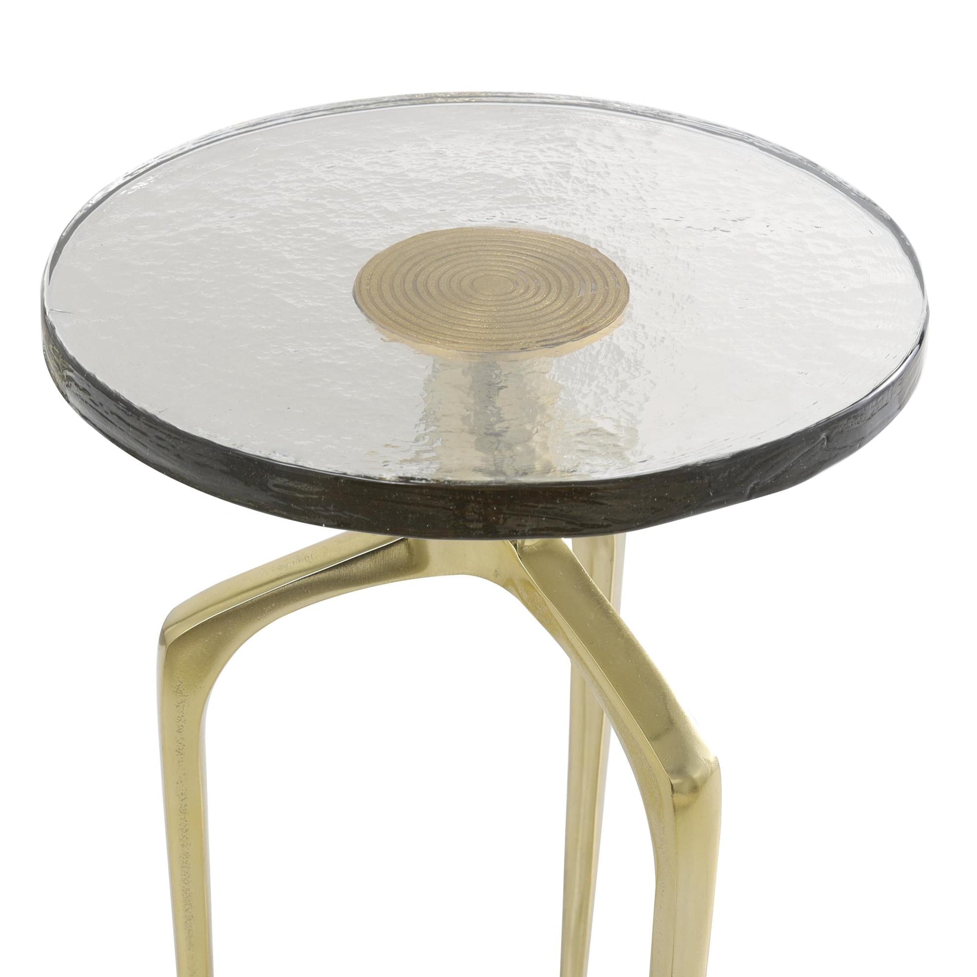 Aluminum Metal Small Tripod Side End Accent Table with Textured Glass Tabletop