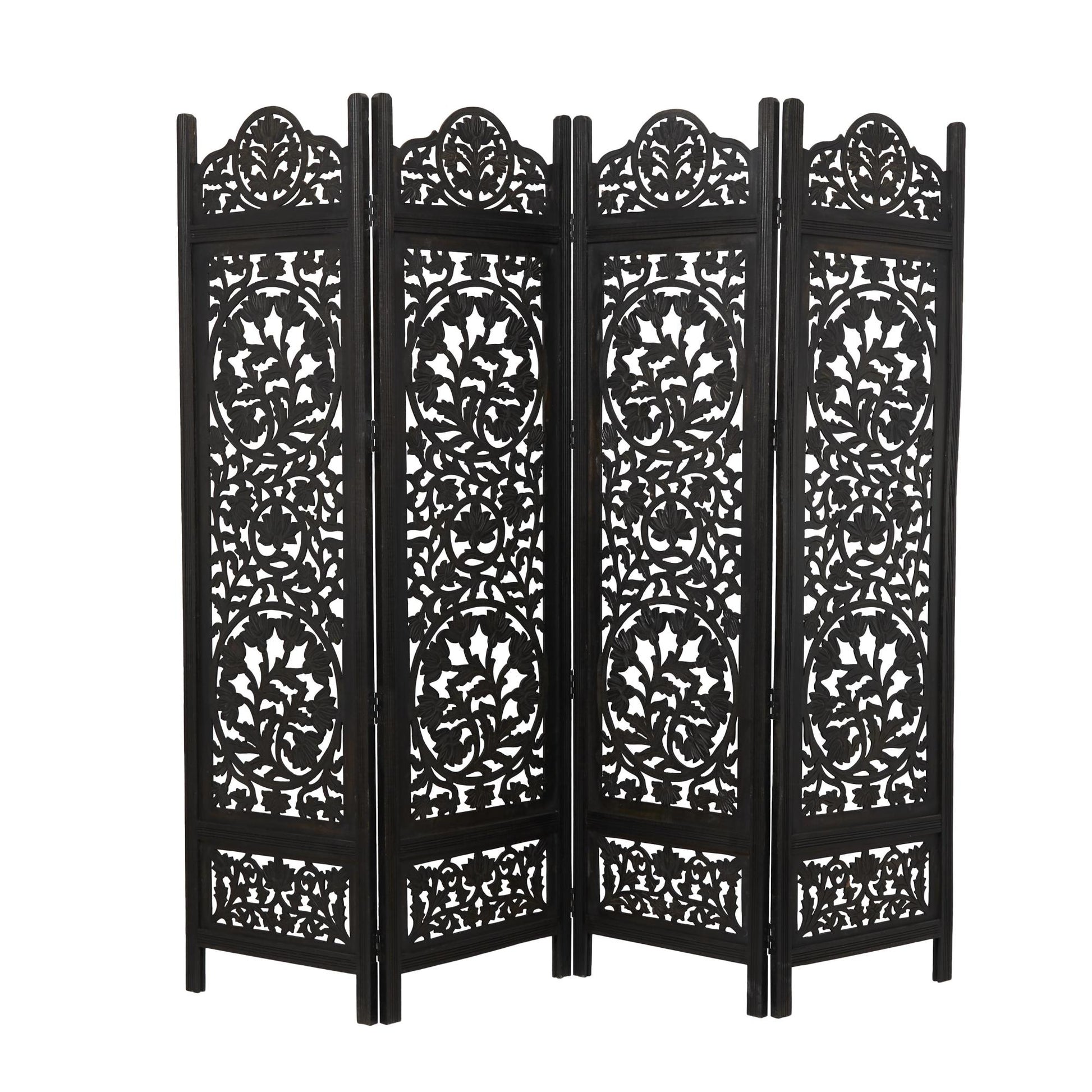 Floral Black Wood Handmade Foldable Partition Carved 4 Panel Partition Room Divider Screen