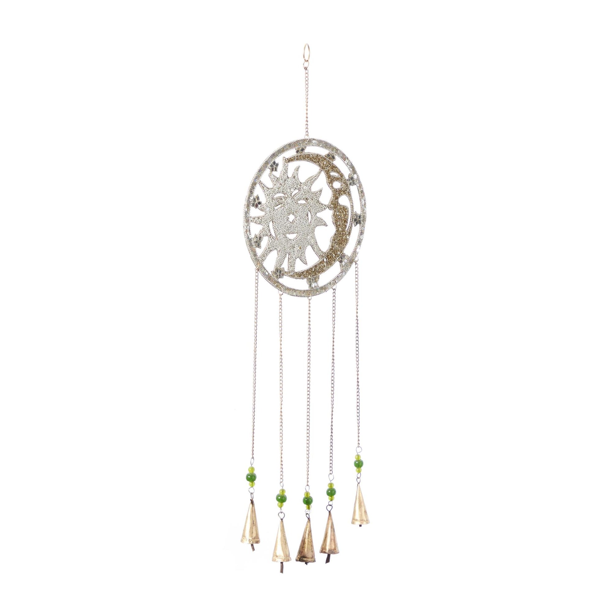 Sun and Moon Silver Metal Handmade Indoor Outdoor Windchime with Glass Beads and Bells