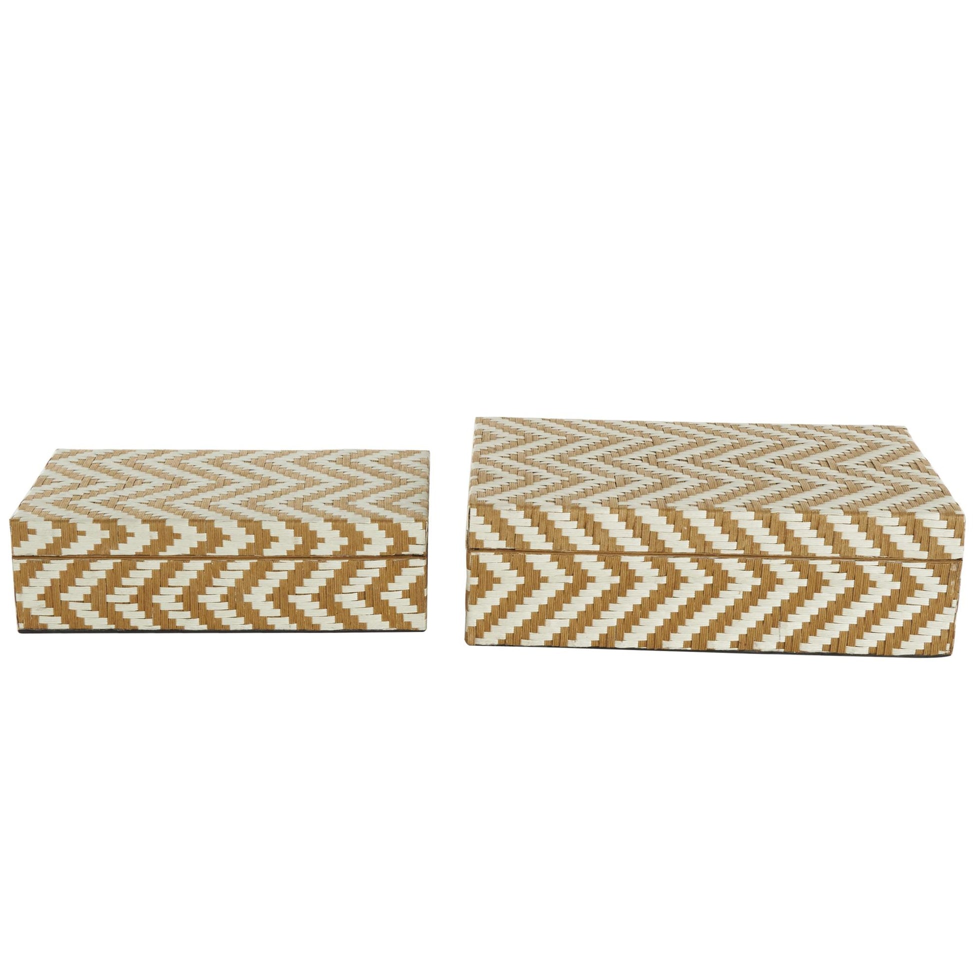 Set of 2 Geometric Brown Paper Handmade Woven Zig Zag Storage Decorative Box with Cream Accents