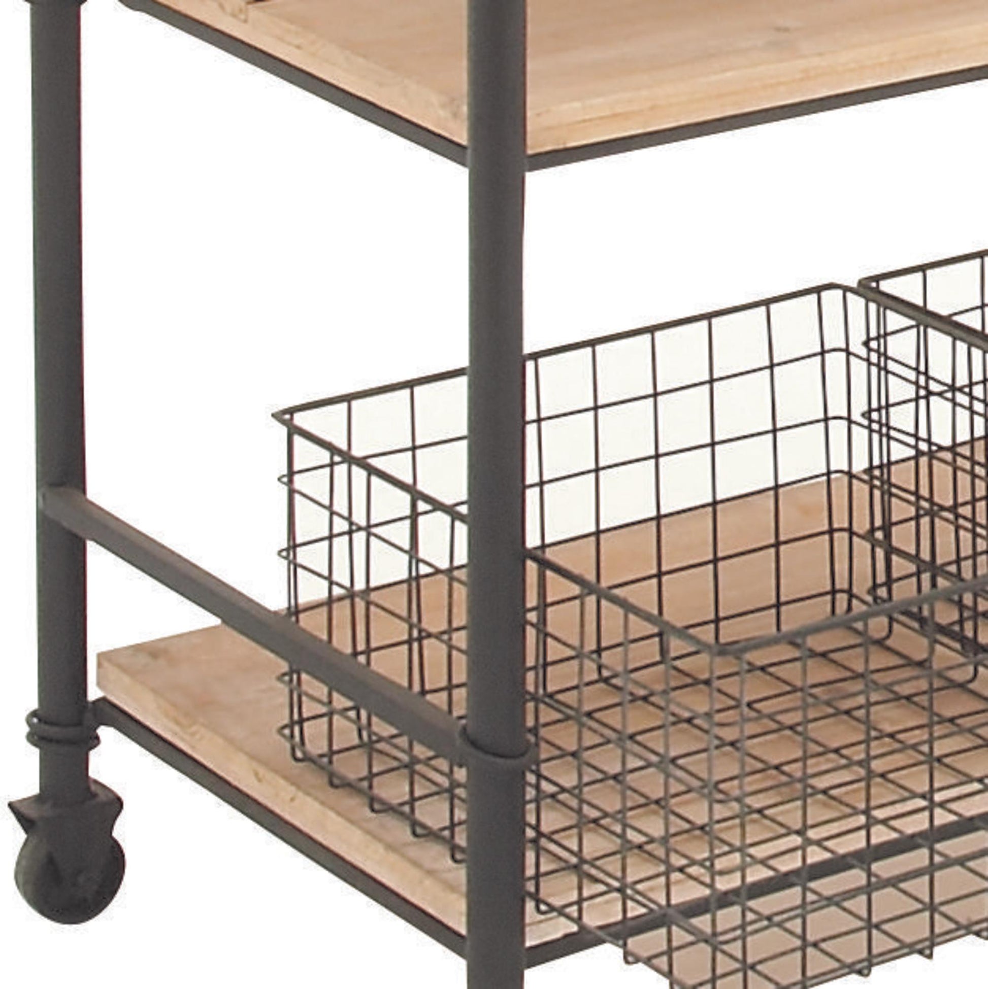 Brown Wood Rolling Cart 3 Drawer Room Storage Unit with Black Wire Baskets