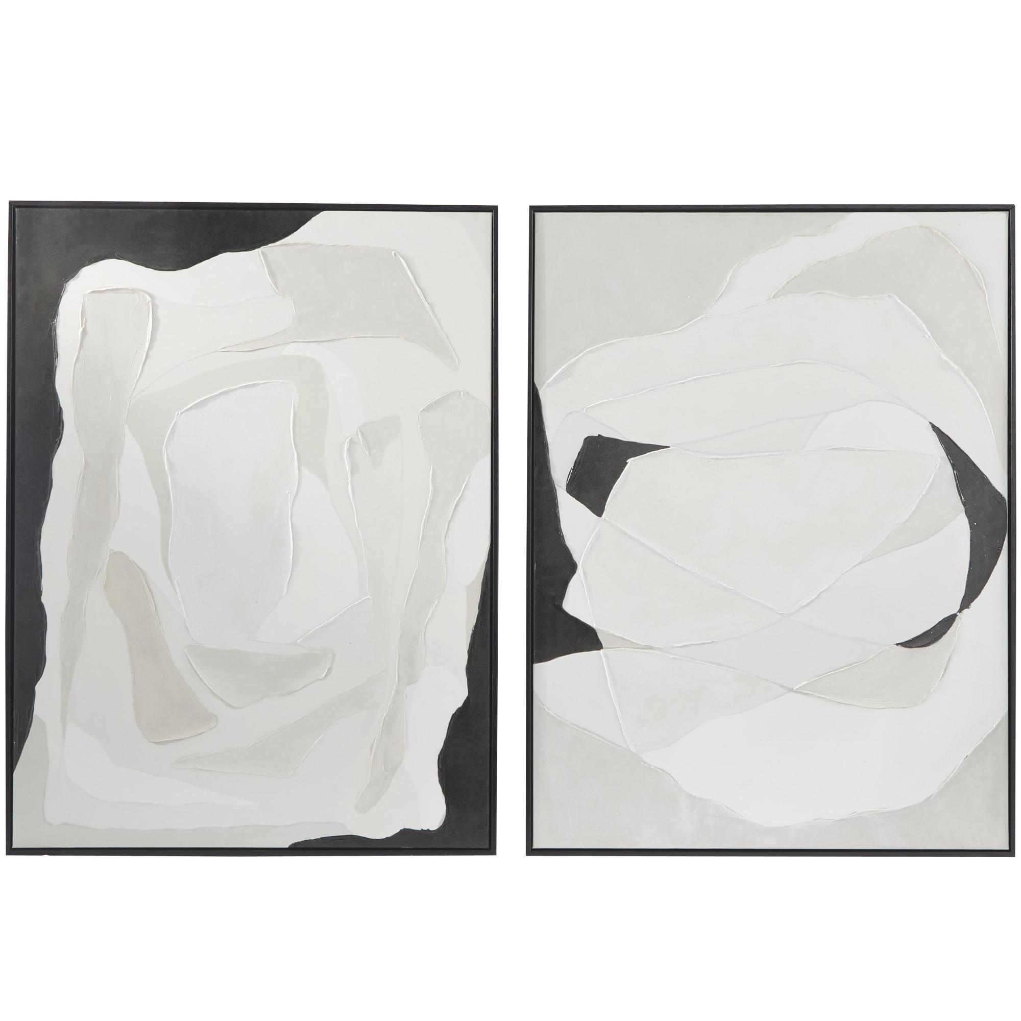 Set of 2 Abstract White Canvas Living Room Framed Wall Art with Black Frame