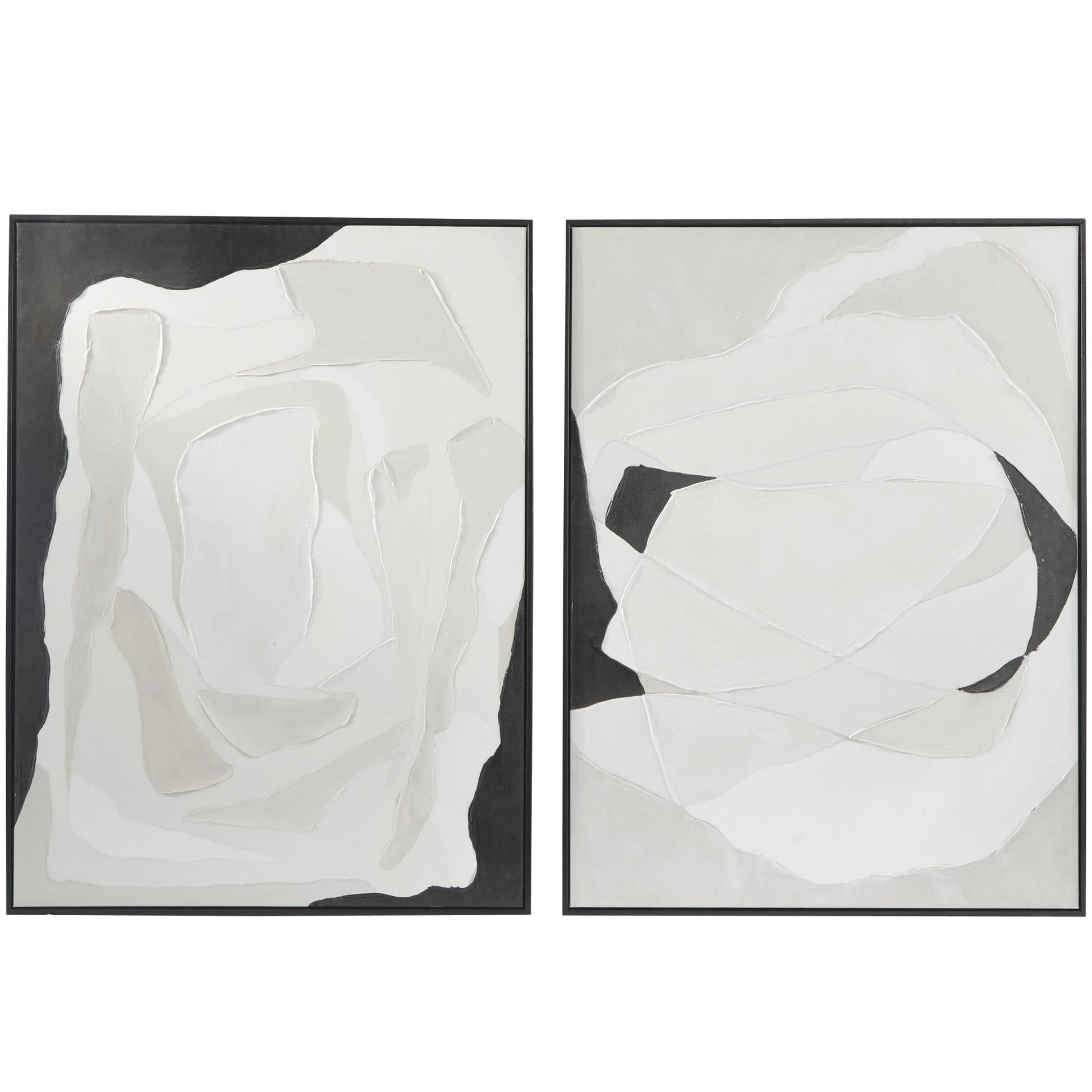 Set of 2 Abstract White Canvas Living Room Framed Wall Art with Black Frame