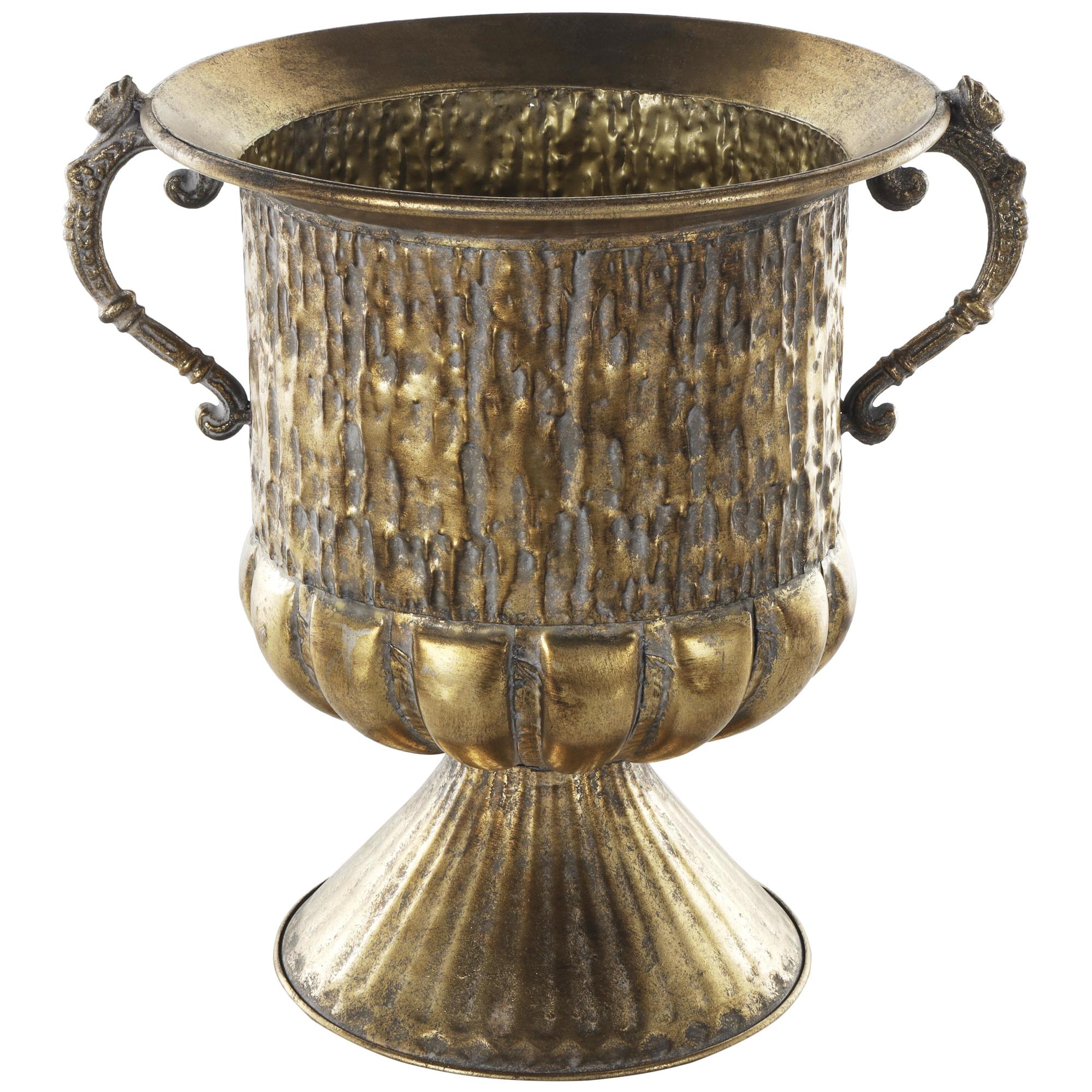 Scroll Gold Metal Urn Shaped Decorative Vase with Hammered Details