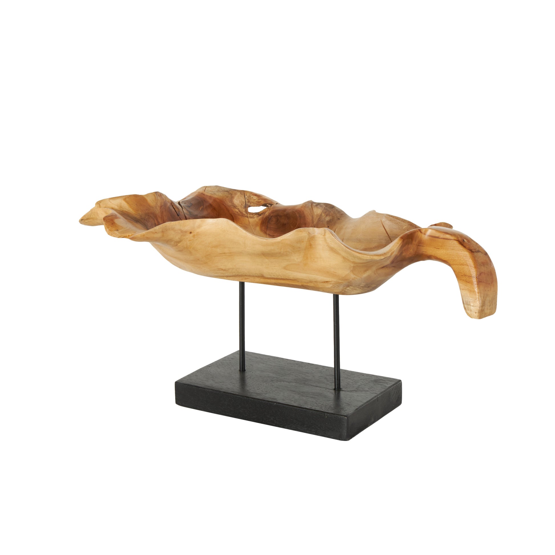 Leaf Brown Teak Wood Floating Decorative Sculpture with Black Stand and Base