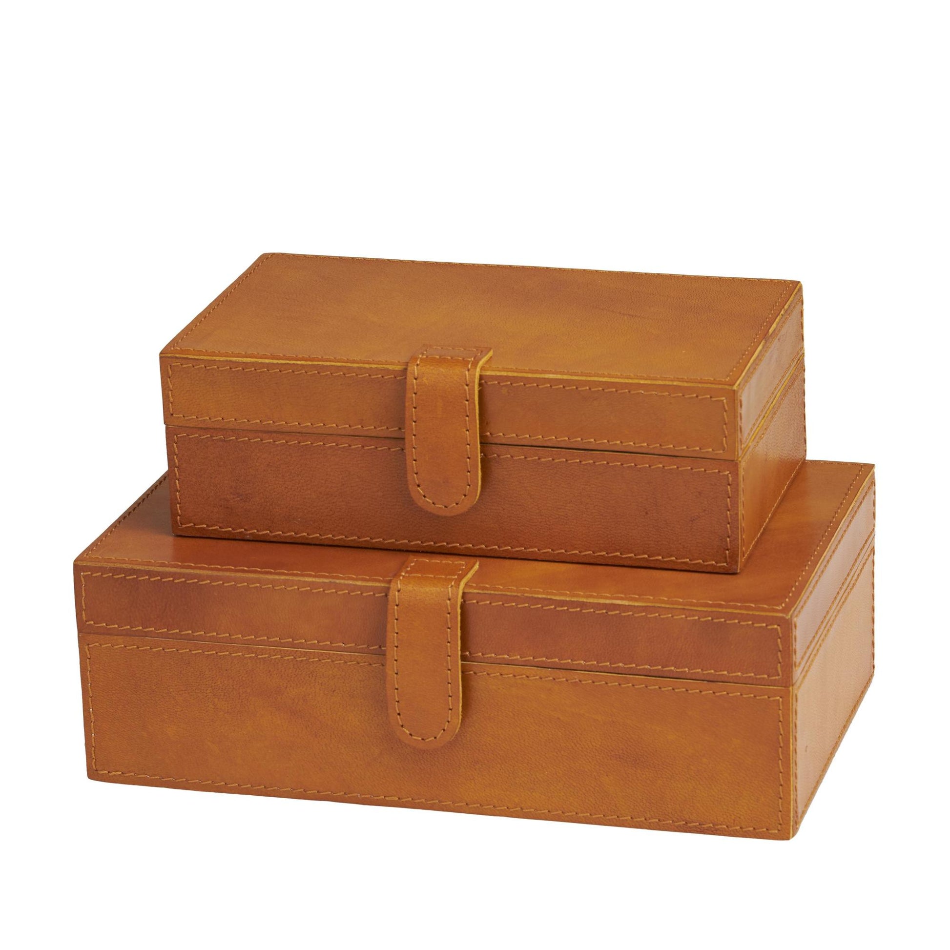 Set of 2 Leather Handmade Decorative Box with Snap Front Closure and Detailed Stitching