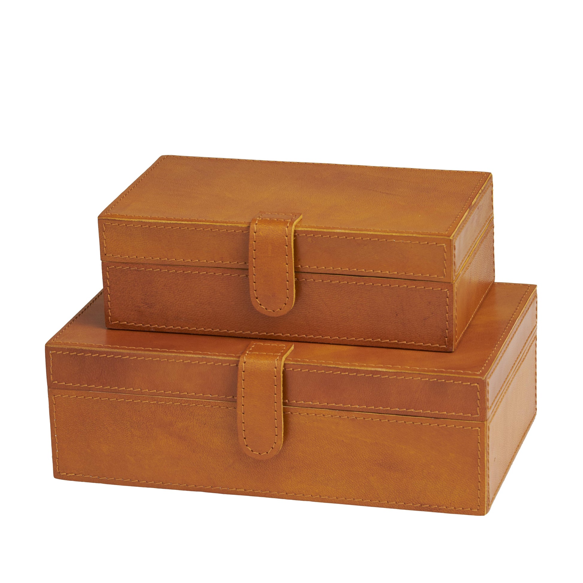 Set of 2 Leather Handmade Decorative Box with Snap Front Closure and Detailed Stitching
