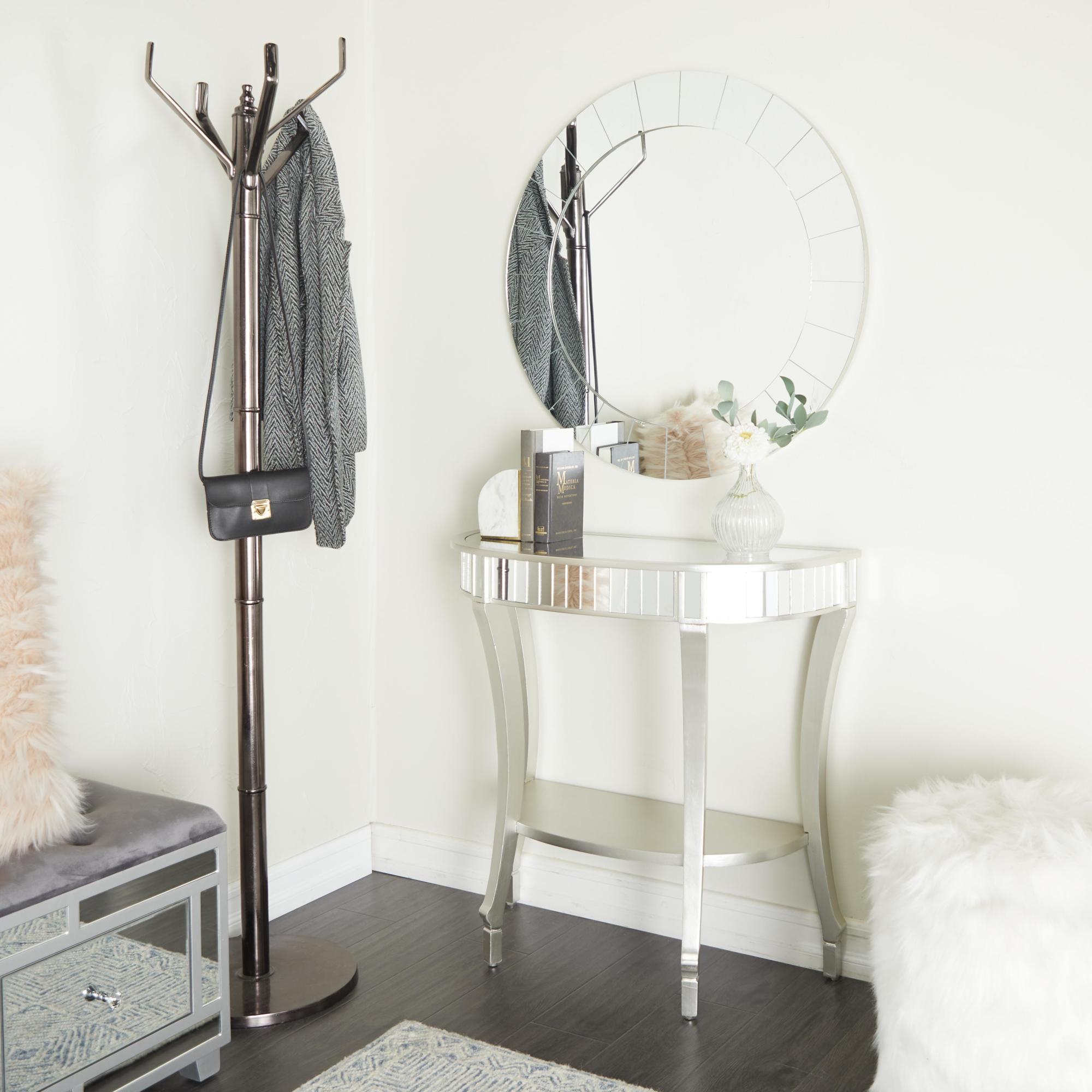 Set of 2 Silver Wood Mirrored Panel Half Moon Living Room Console Table with Mirror