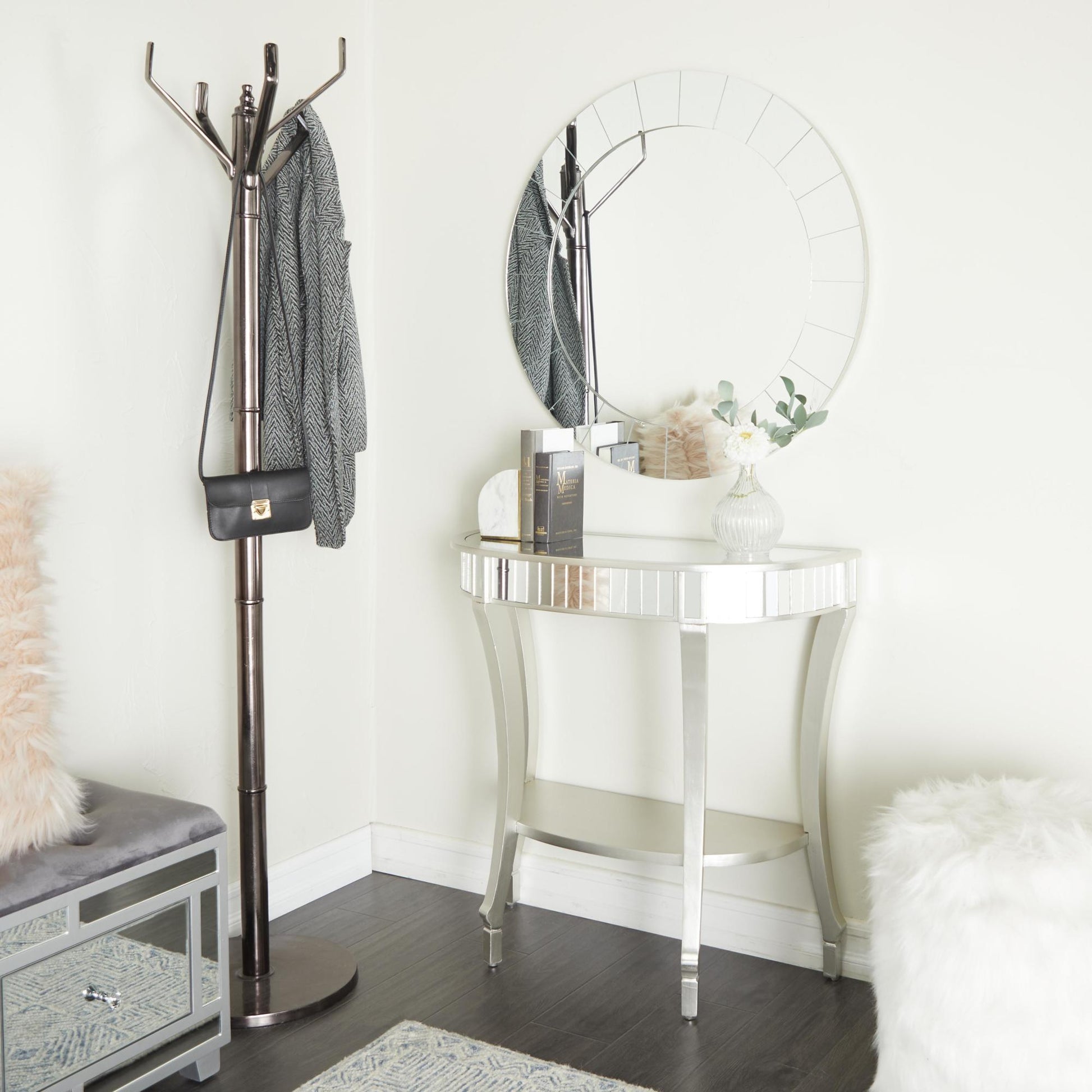 Set of 2 Silver Wood Mirrored Panel Half Moon Living Room Console Table with Mirror