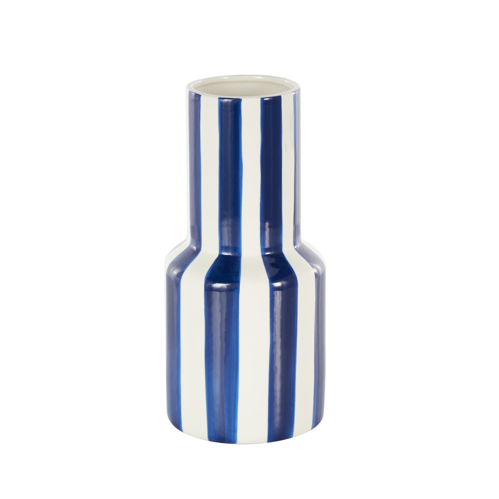 Ceramic Round Decorative Vase with Blue Vertical Stripes 5" x 5" x 11"